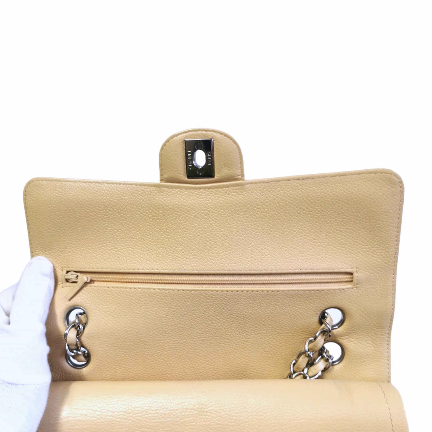 Chanel Classic Double Flap Medium Beige Caviar Silver