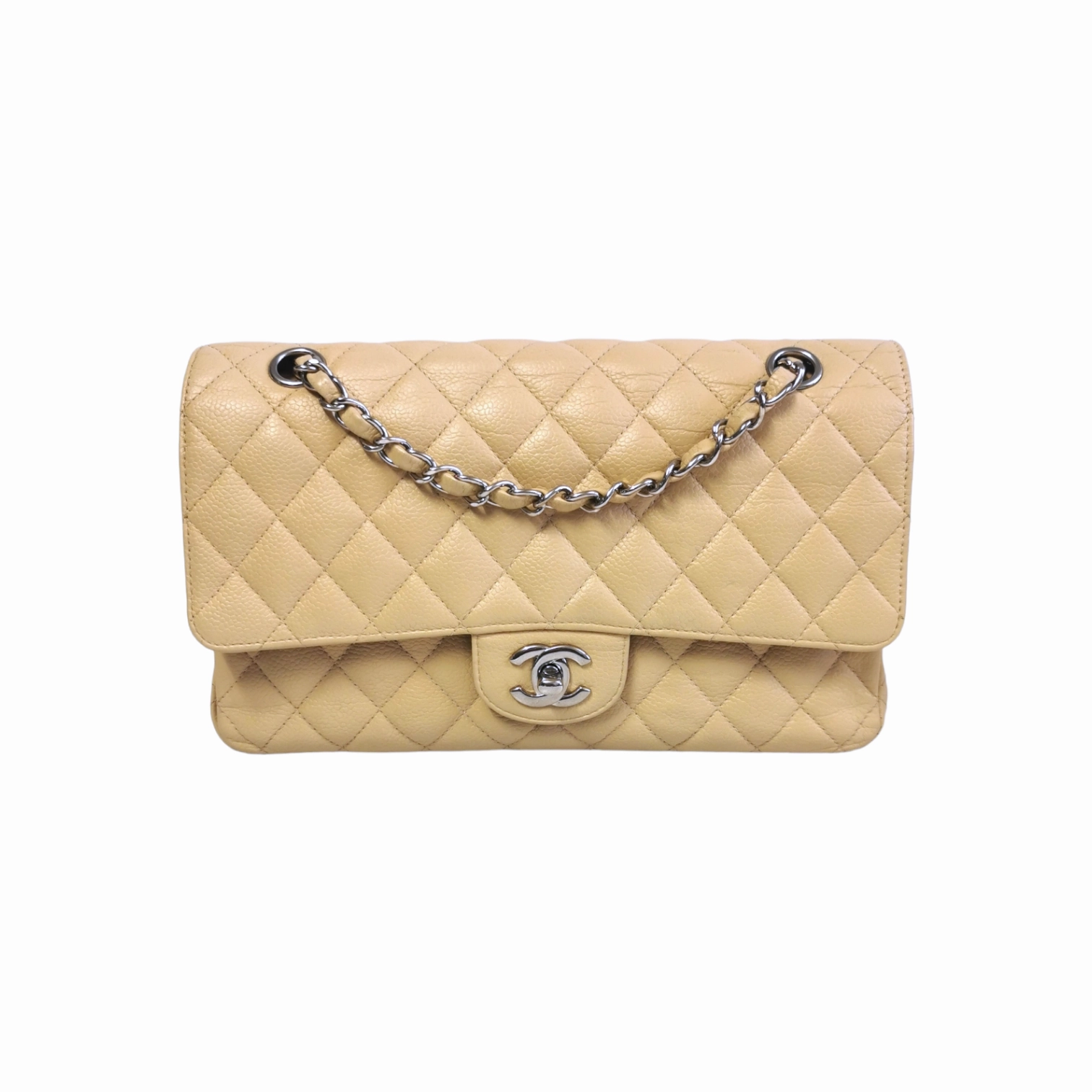 Chanel Classic Double Flap Medium Beige Caviar Silver