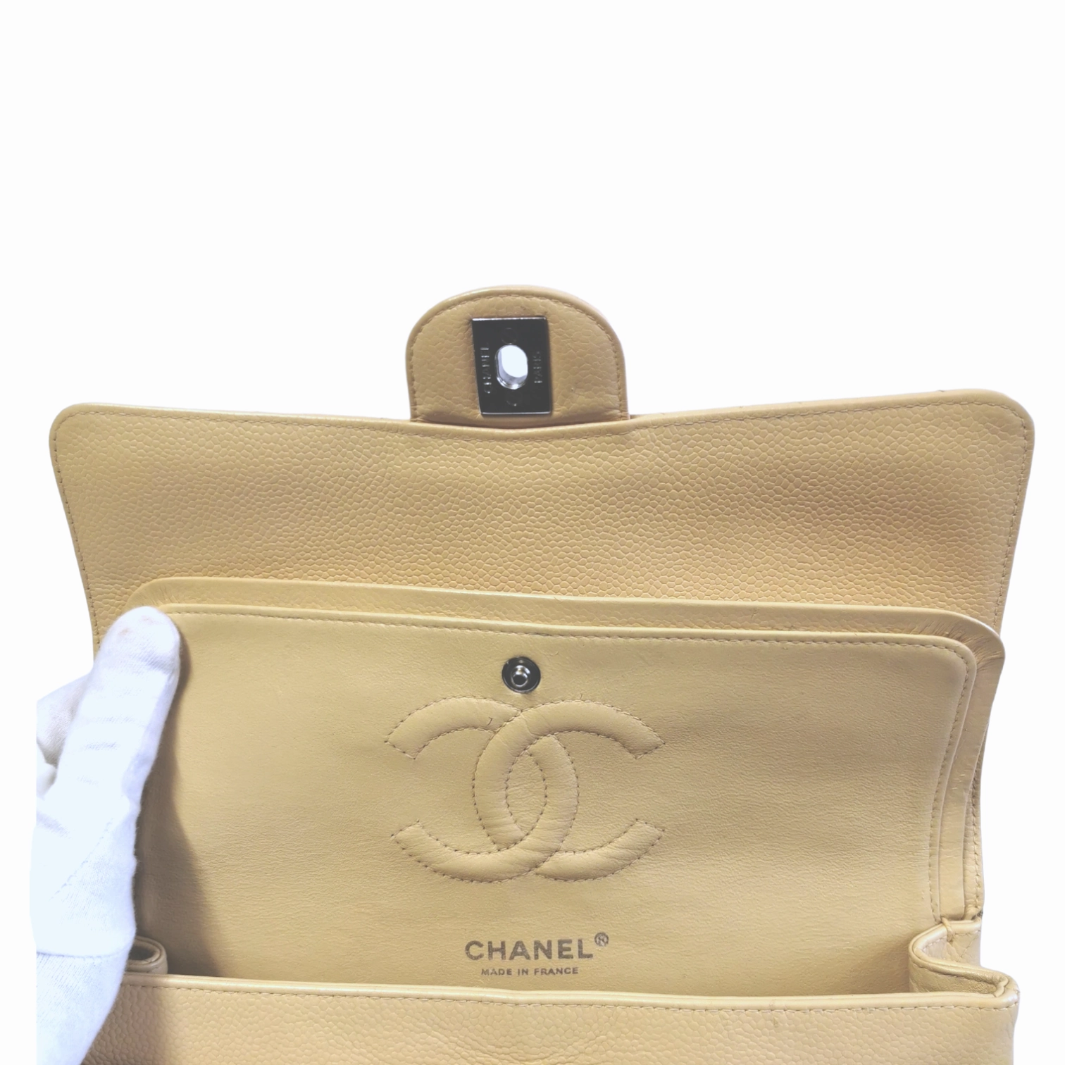Chanel Classic Double Flap Medium Beige Caviar Silver