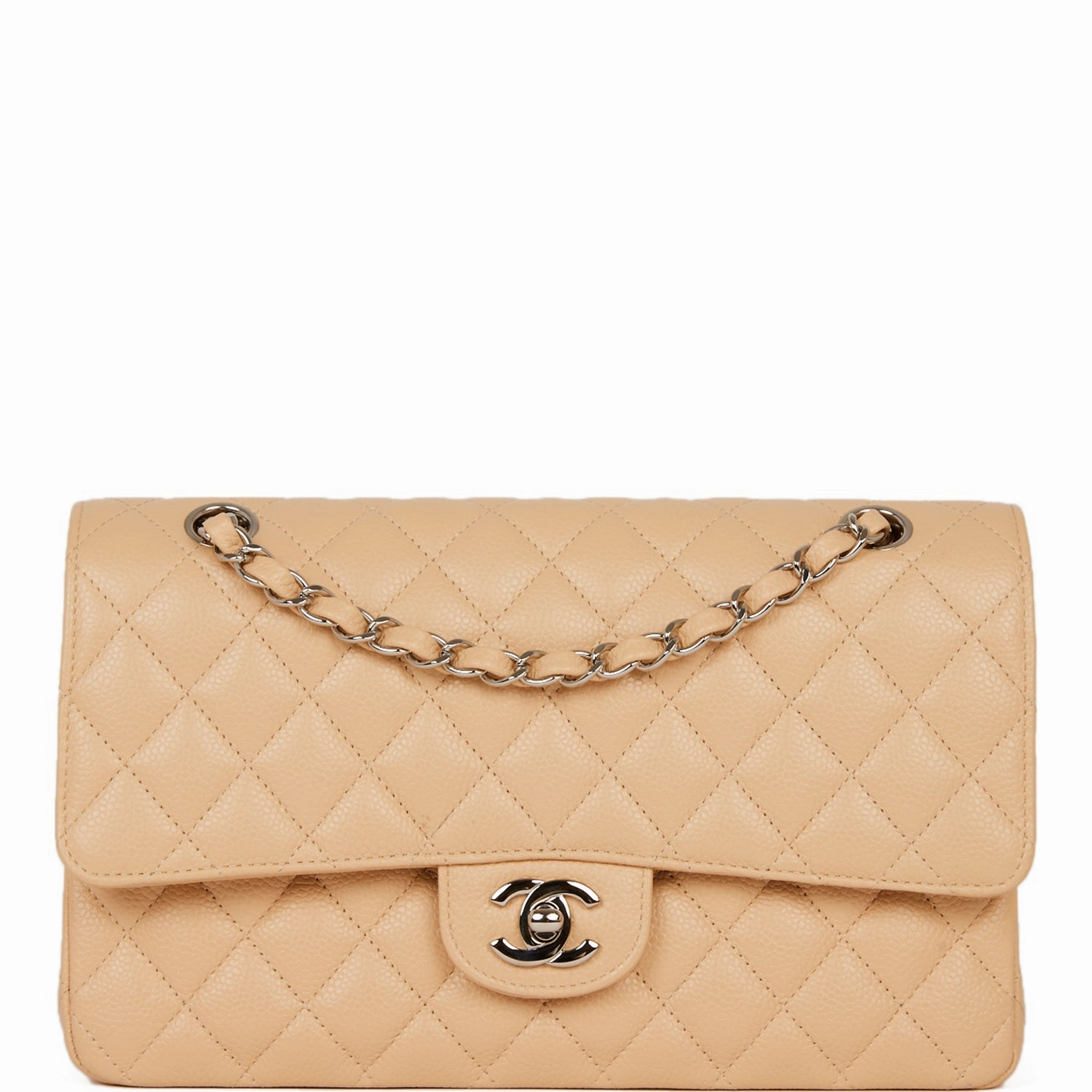 Chanel Medium Classic Double Flap Bag Beige Caviar Silver Hardware