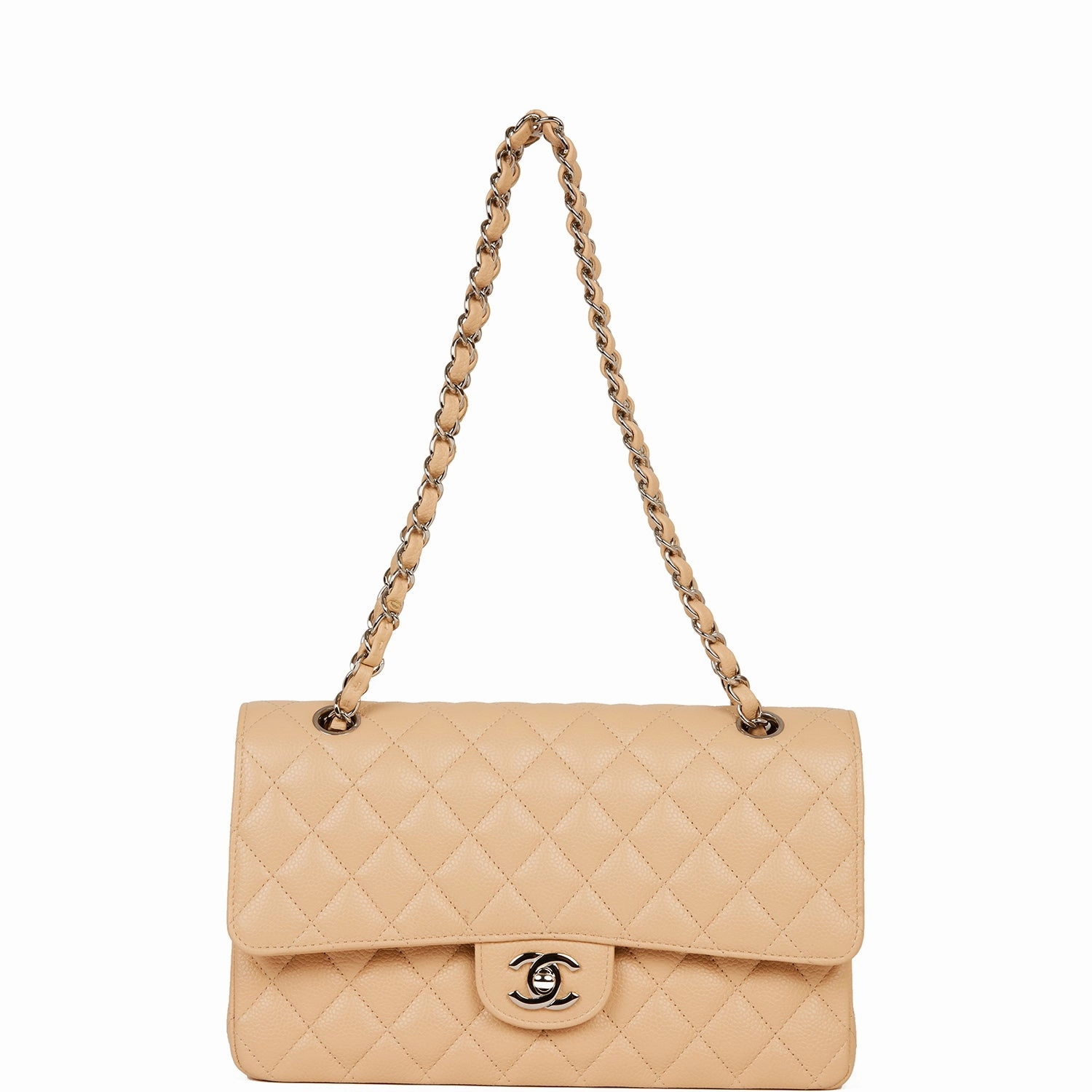 Chanel Medium Classic Double Flap Bag Beige Caviar Silver Hardware
