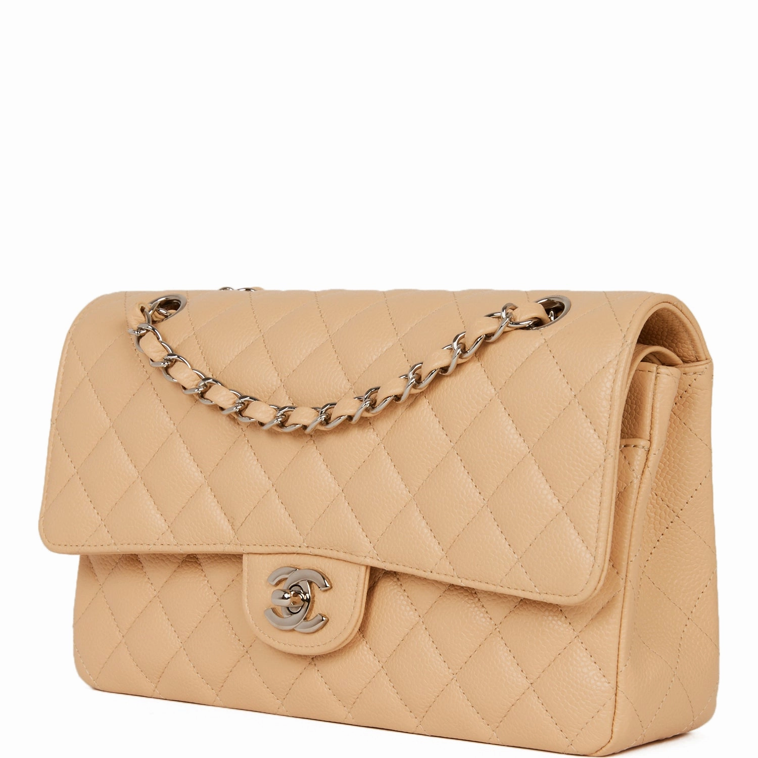 Chanel Medium Classic Double Flap Bag Beige Caviar Silver Hardware