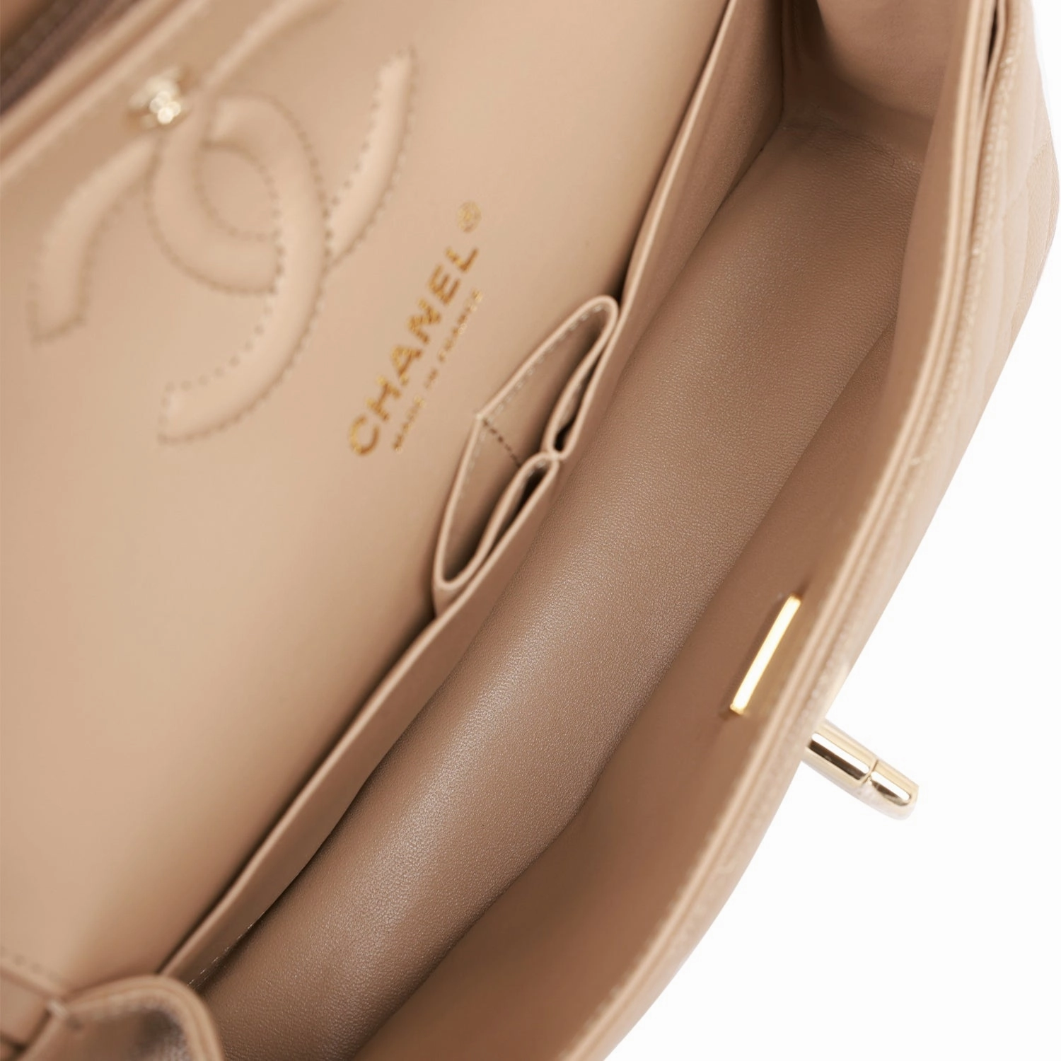 Chanel Small Classic Double Flap Dark Beige Caviar Light Gold Hardware