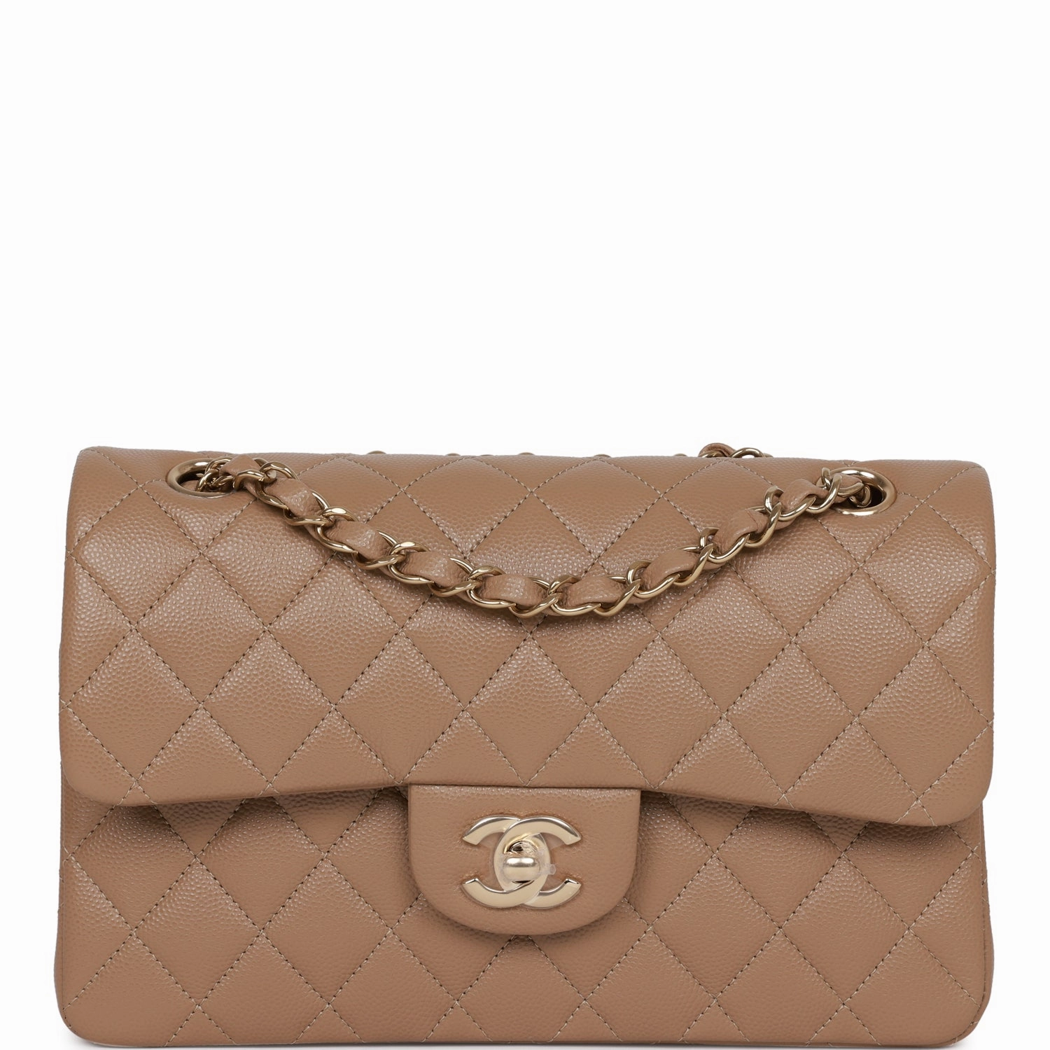 Chanel Small Classic Double Flap Dark Beige Caviar Light Gold Hardware
