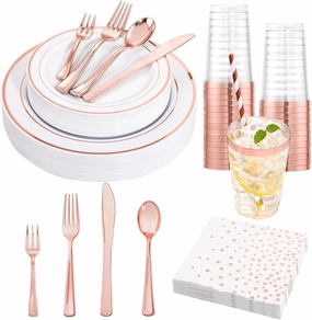 Ciaell 250PCS White and Rose Gold Plastic Plates - Disposable Plastic Plates Sets include 50Plate, 25Knives, 25Forks, 25Spoons, 25Mini Fork, 25 Cups, 25Paper Straws, 50Napkins for Party & Weddings