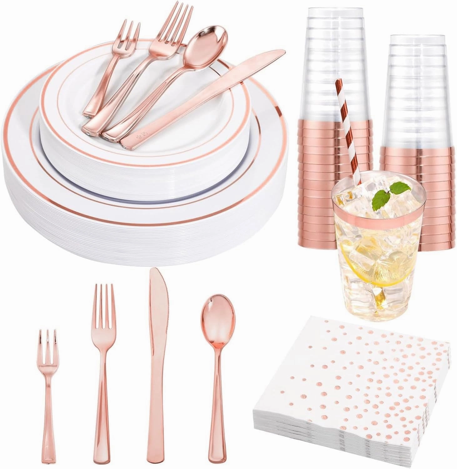 Ciaell 250PCS White and Rose Gold Plastic Plates - Disposable Plastic Plates Sets include 50Plate, 25Knives, 25Forks, 25Spoons, 25Mini Fork, 25 Cups, 25Paper Straws, 50Napkins for Party & Weddings