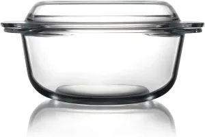 Clear Round Glass Casserole Dish With Lid Non-Plastic Lidded Casseroles Easy Grab Glass Cooking Bowls with Glass Lid, Microwave, Oven, Freezer, and Dishwasher Safe (1.5L)