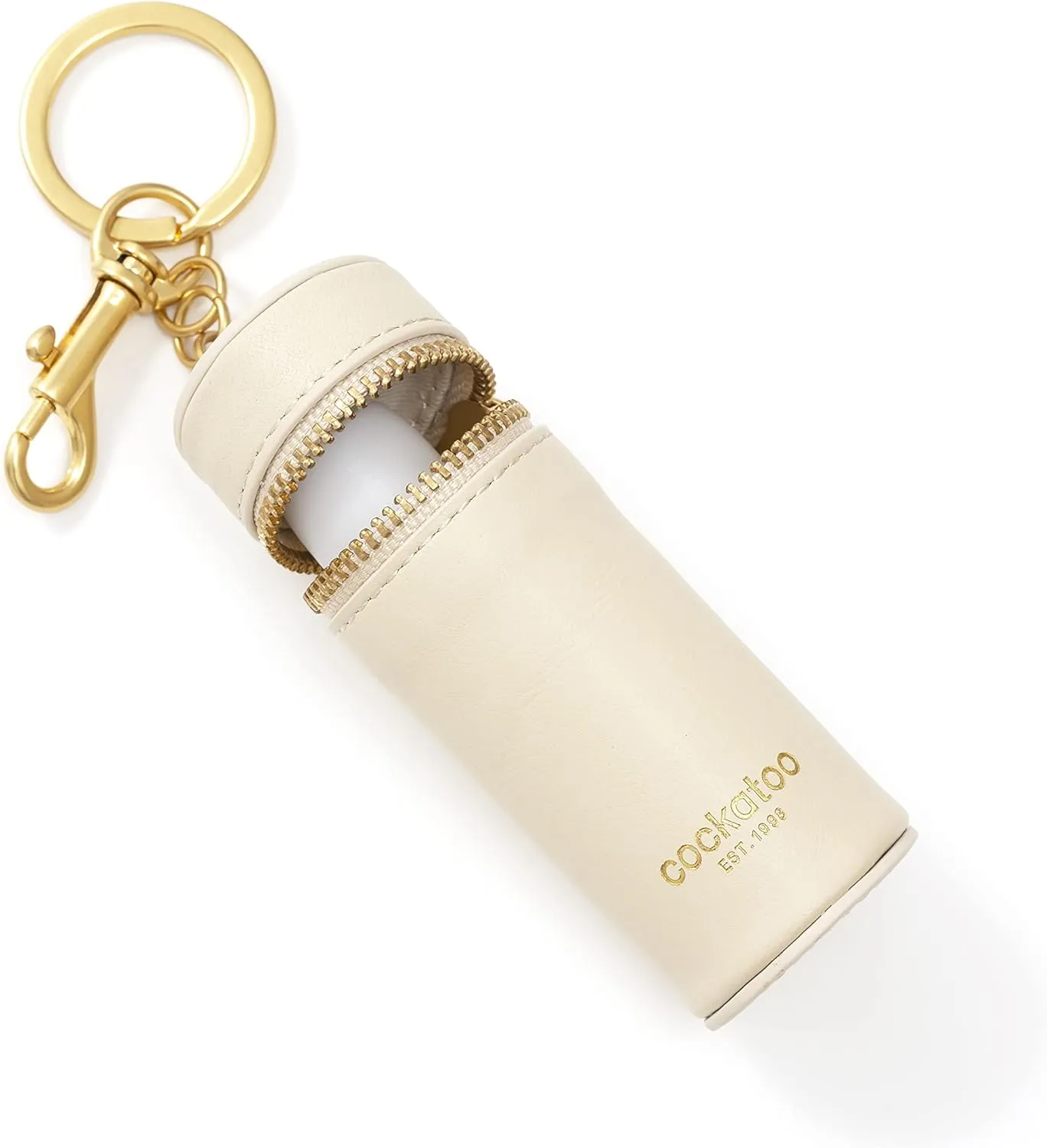 Cockatoo Nappa Leaeher Zipper Lipstick Holder Keychain Chapstick Case with Keyring (Beige)