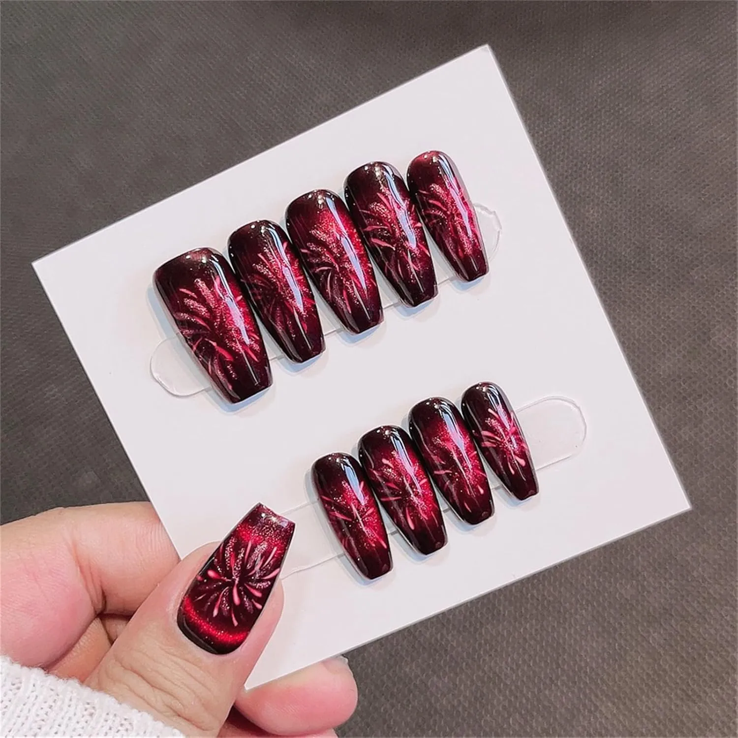 Coffin Long Handmade Press on Nails Blush Red Fireworks Nail Art Decoration Glossy Black Manicure for Women and Girls 10PCS (G2-S)