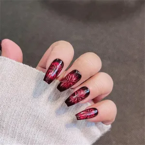 Coffin Long Handmade Press on Nails Blush Red Fireworks Nail Art Decoration Glossy Black Manicure for Women and Girls 10PCS (G2-S)
