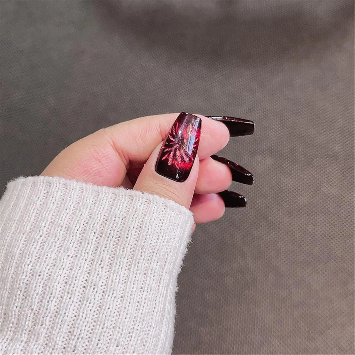 Coffin Long Handmade Press on Nails Blush Red Fireworks Nail Art Decoration Glossy Black Manicure for Women and Girls 10PCS (G2-S)