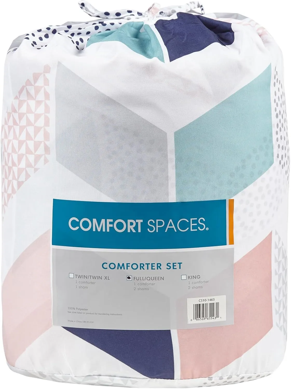 Comfort Spaces Kylar Cozy Comforter Set, Vibrant Chevron Ruching Design with Solid Reverse, All Season Down Alternative Bedding with Matching Sham, Full/Queen (88 in x 92 in), Multi/Blush 3 Piece
