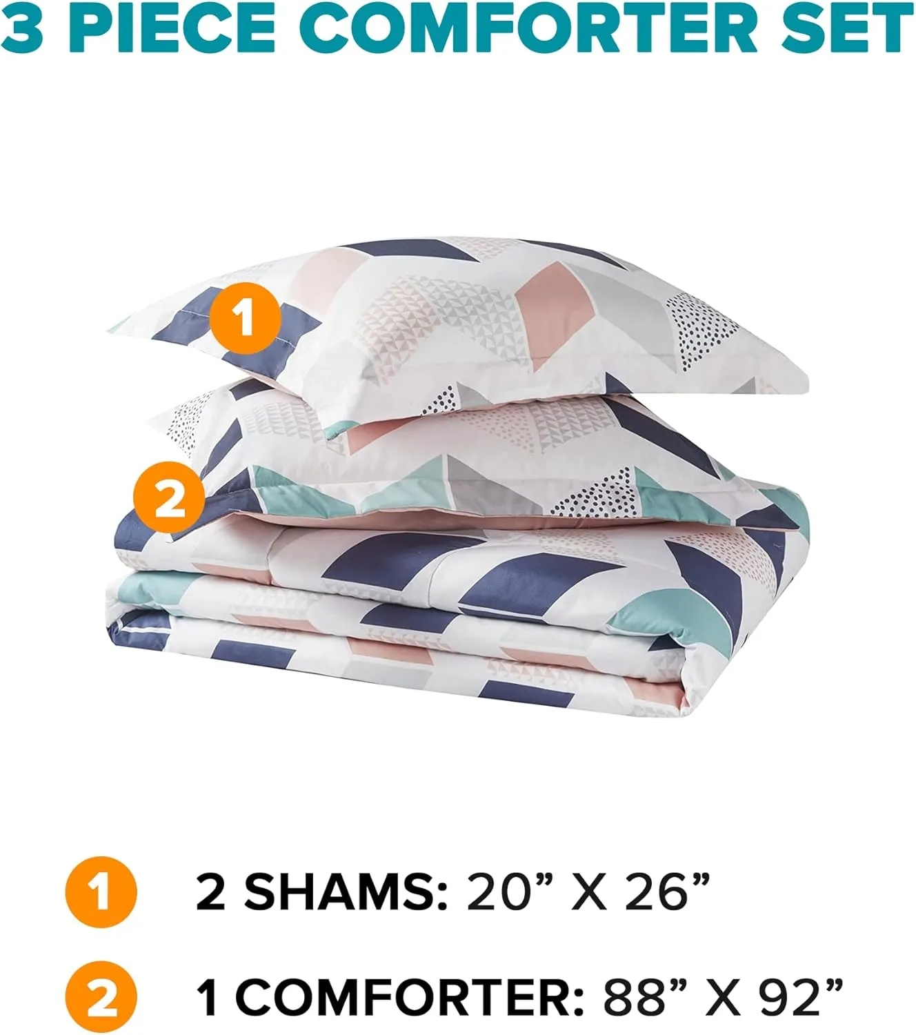 Comfort Spaces Kylar Cozy Comforter Set, Vibrant Chevron Ruching Design with Solid Reverse, All Season Down Alternative Bedding with Matching Sham, Full/Queen (88 in x 92 in), Multi/Blush 3 Piece