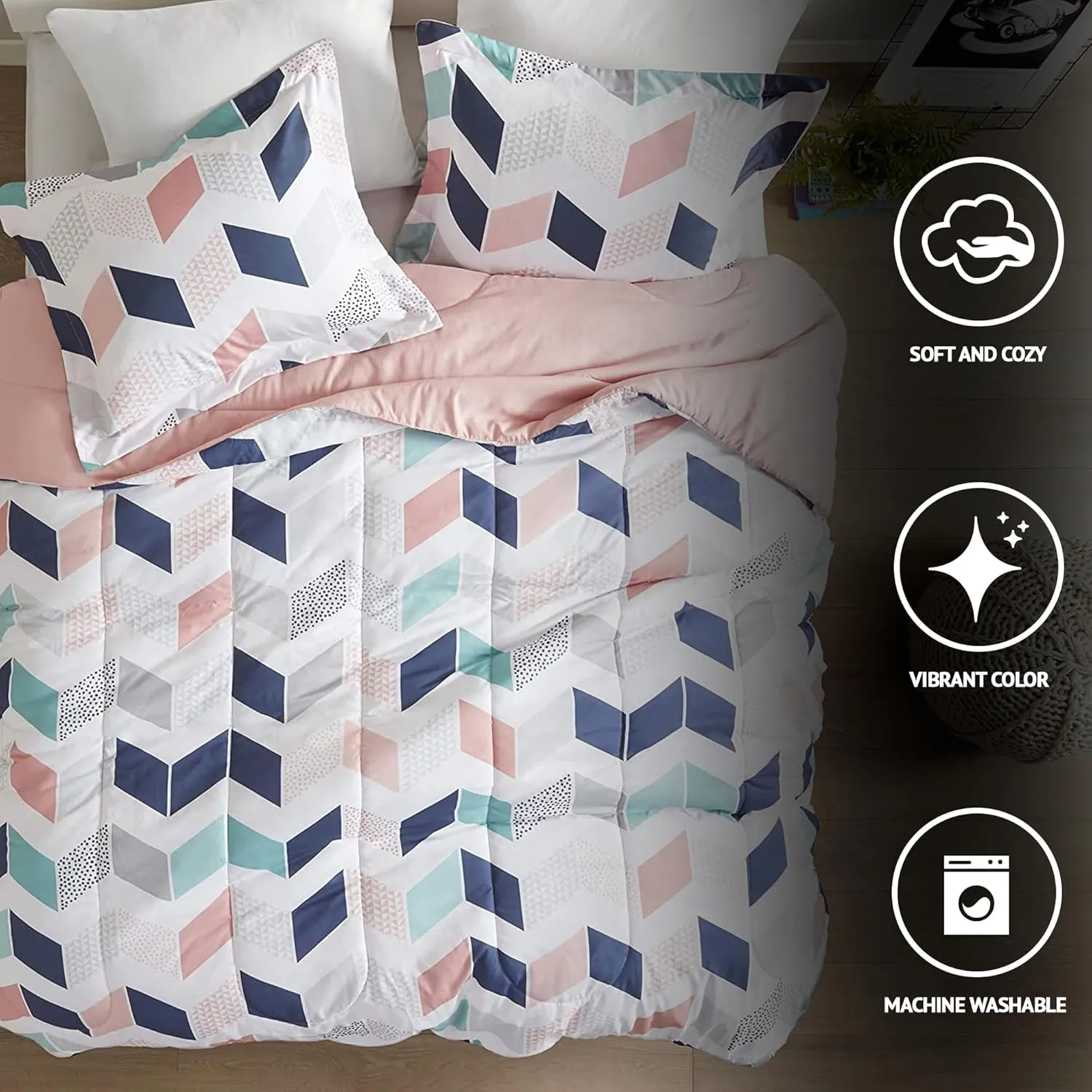 Comfort Spaces Kylar Cozy Comforter Set, Vibrant Chevron Ruching Design with Solid Reverse, All Season Down Alternative Bedding with Matching Sham, Full/Queen (88 in x 92 in), Multi/Blush 3 Piece