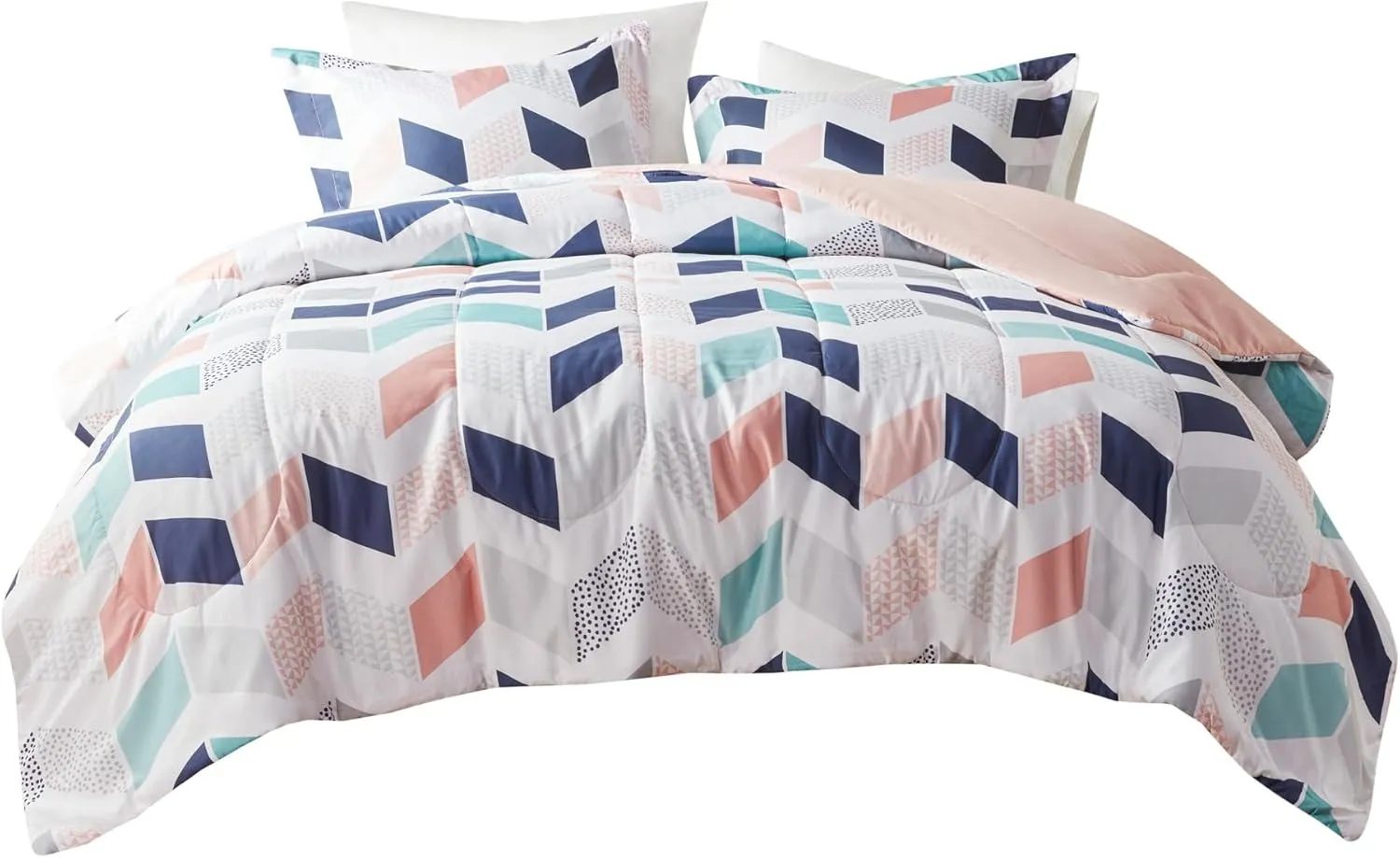 Comfort Spaces Kylar Cozy Comforter Set, Vibrant Chevron Ruching Design with Solid Reverse, All Season Down Alternative Bedding with Matching Sham, Full/Queen (88 in x 92 in), Multi/Blush 3 Piece