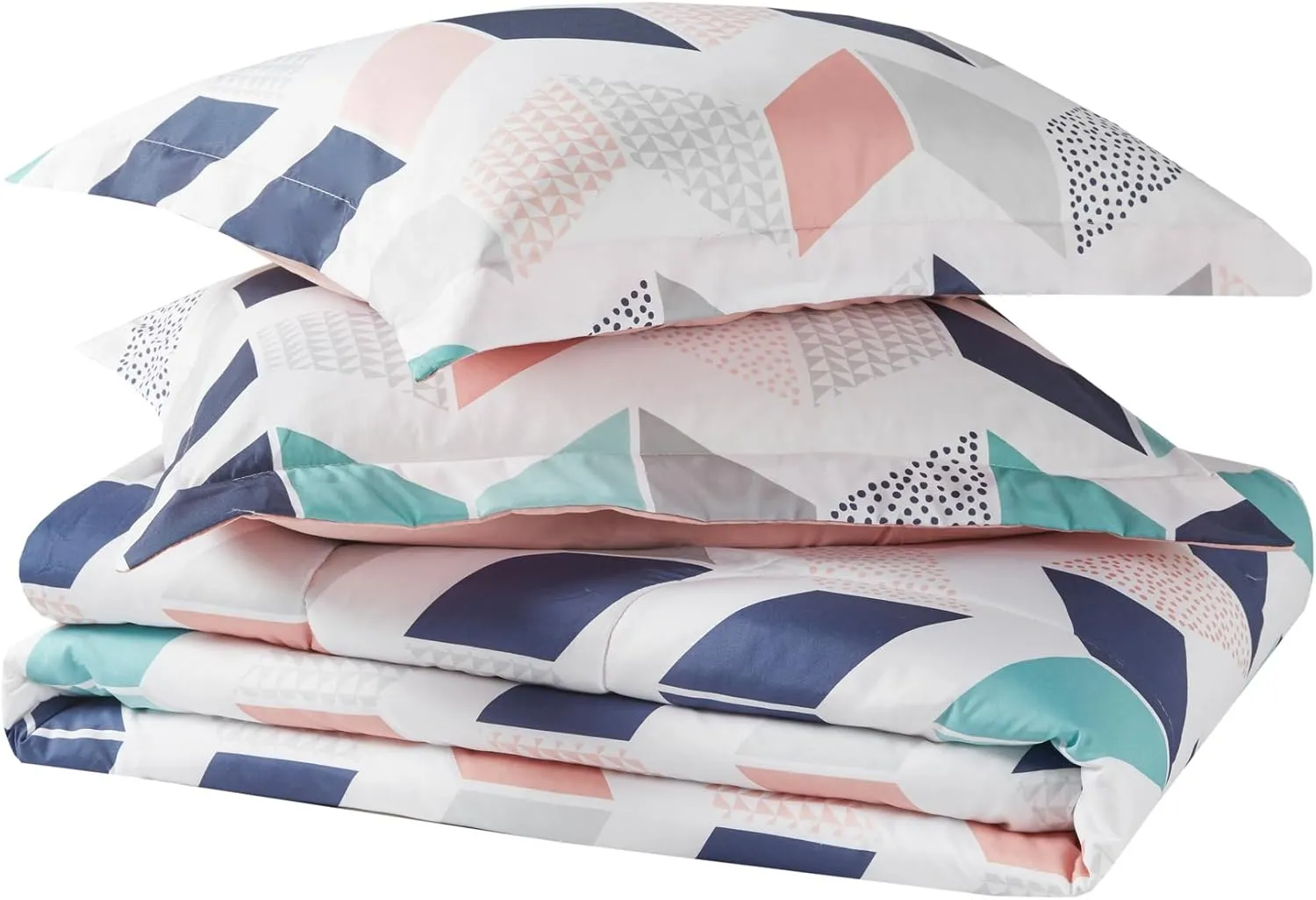 Comfort Spaces Kylar Cozy Comforter Set, Vibrant Chevron Ruching Design with Solid Reverse, All Season Down Alternative Bedding with Matching Sham, Full/Queen (88 in x 92 in), Multi/Blush 3 Piece