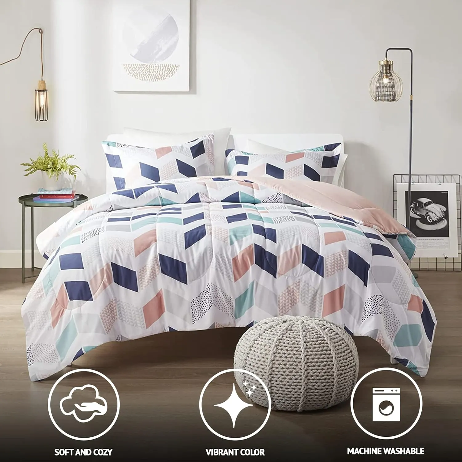 Comfort Spaces Kylar Cozy Comforter Set, Vibrant Chevron Ruching Design with Solid Reverse, All Season Down Alternative Bedding with Matching Sham, Full/Queen (88 in x 92 in), Multi/Blush 3 Piece