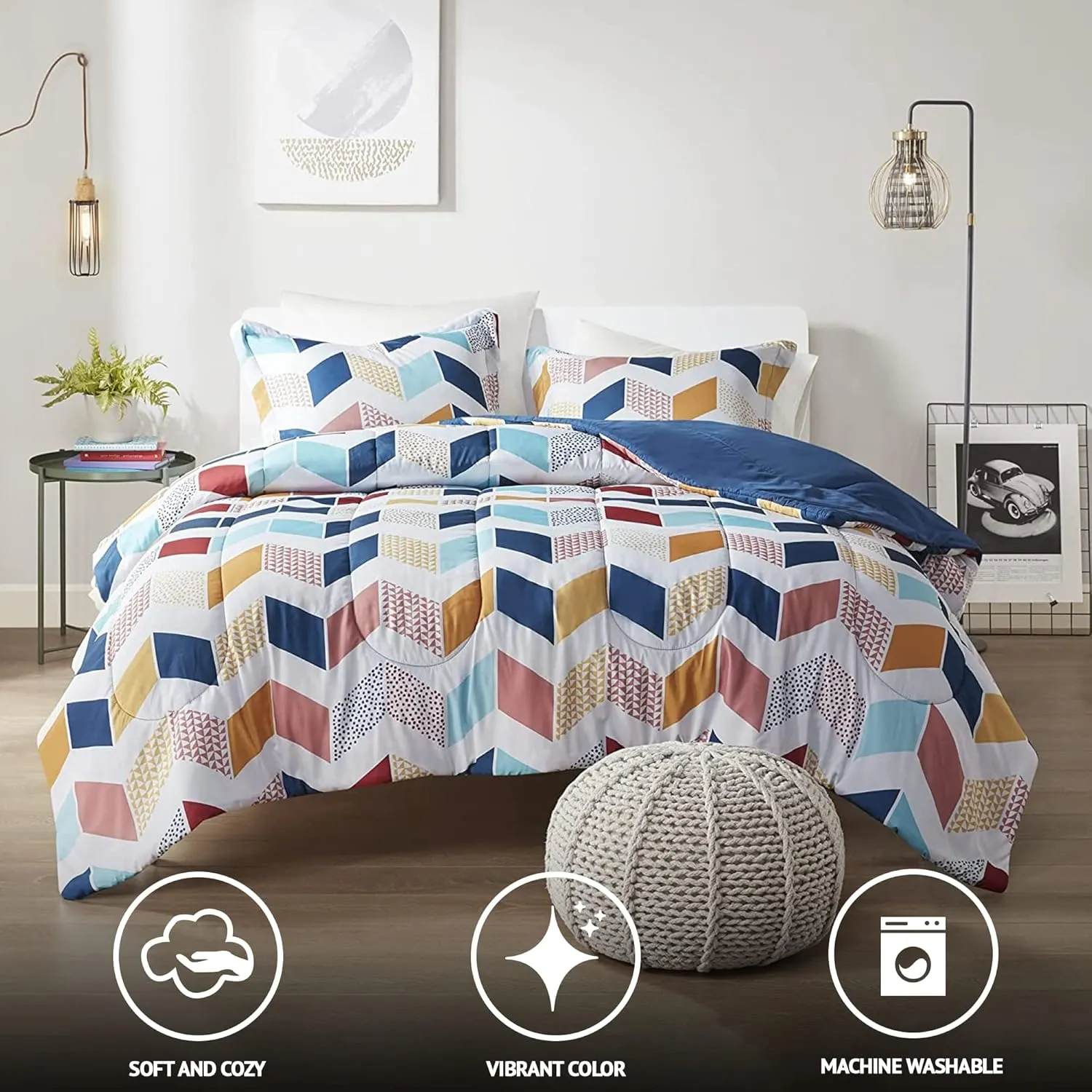 Comfort Spaces Kylar Cozy Comforter Set, Vibrant Chevron Ruching Design with Solid Reverse, All Season Down Alternative Bedding with Matching Sham, Twin/Twin XL (66 in x 90 in), Multi/Aqua 2 Piece