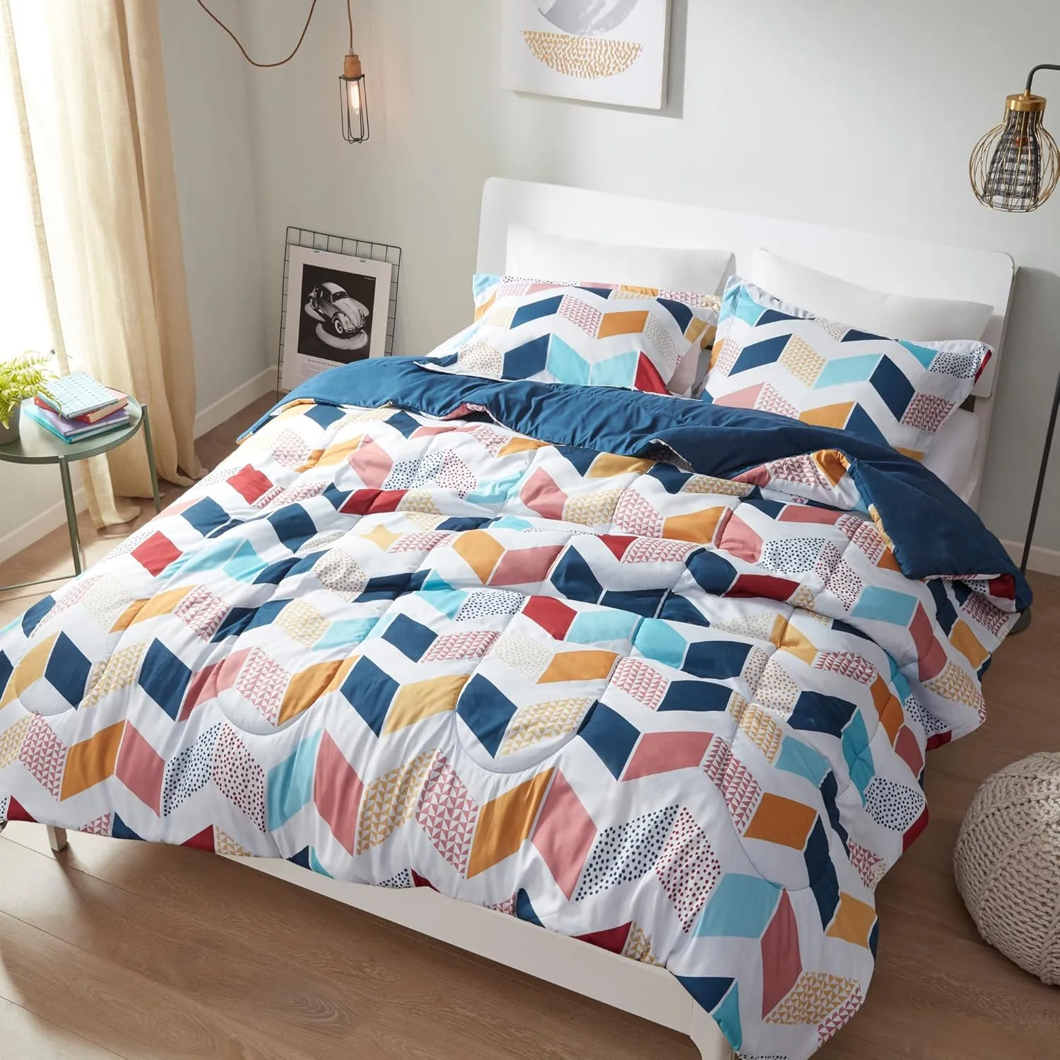 Comfort Spaces Kylar Cozy Comforter Set, Vibrant Chevron Ruching Design with Solid Reverse, All Season Down Alternative Bedding with Matching Sham, Twin/Twin XL (66 in x 90 in), Multi/Aqua 2 Piece