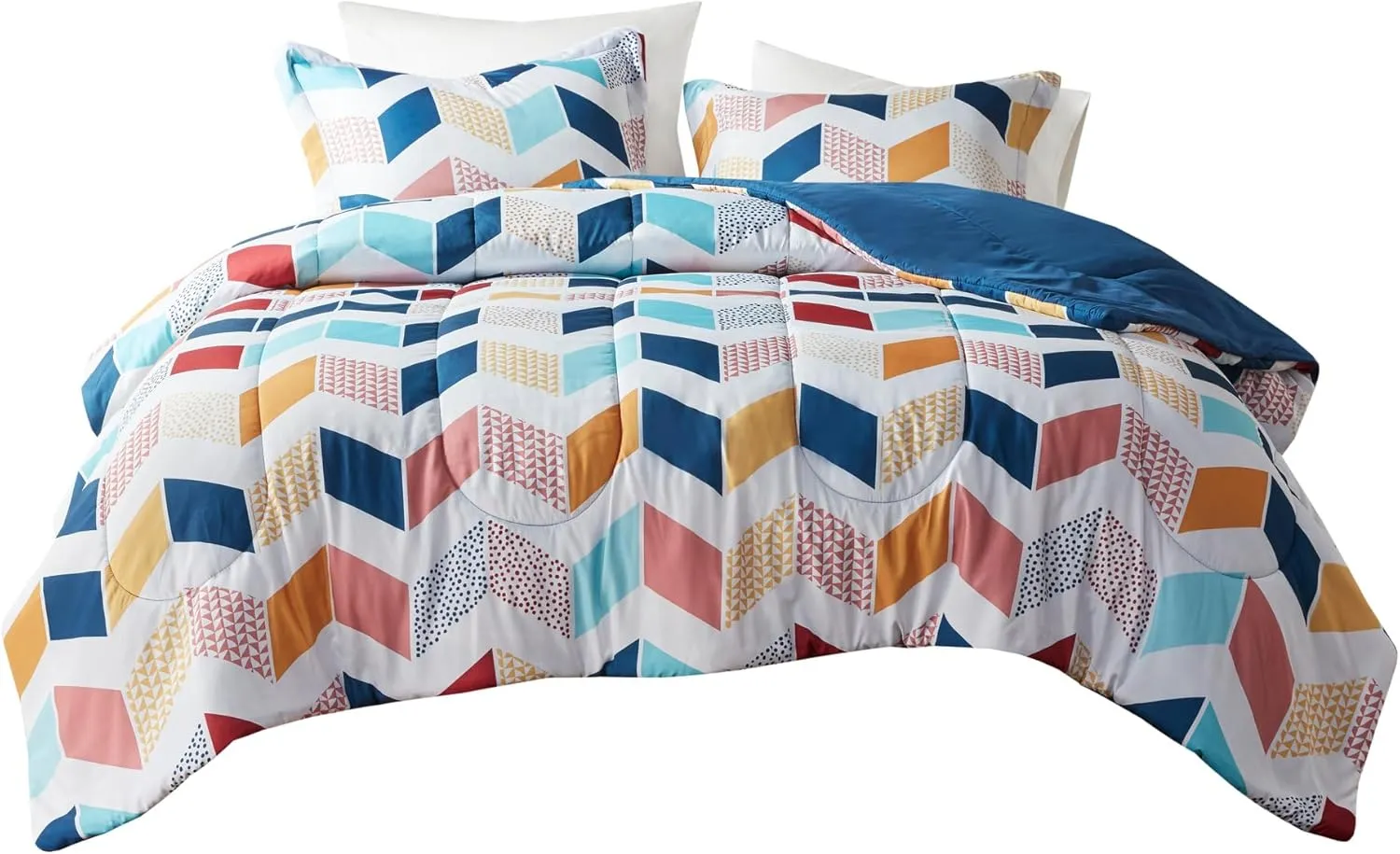 Comfort Spaces Kylar Cozy Comforter Set, Vibrant Chevron Ruching Design with Solid Reverse, All Season Down Alternative Bedding with Matching Sham, Twin/Twin XL (66 in x 90 in), Multi/Aqua 2 Piece