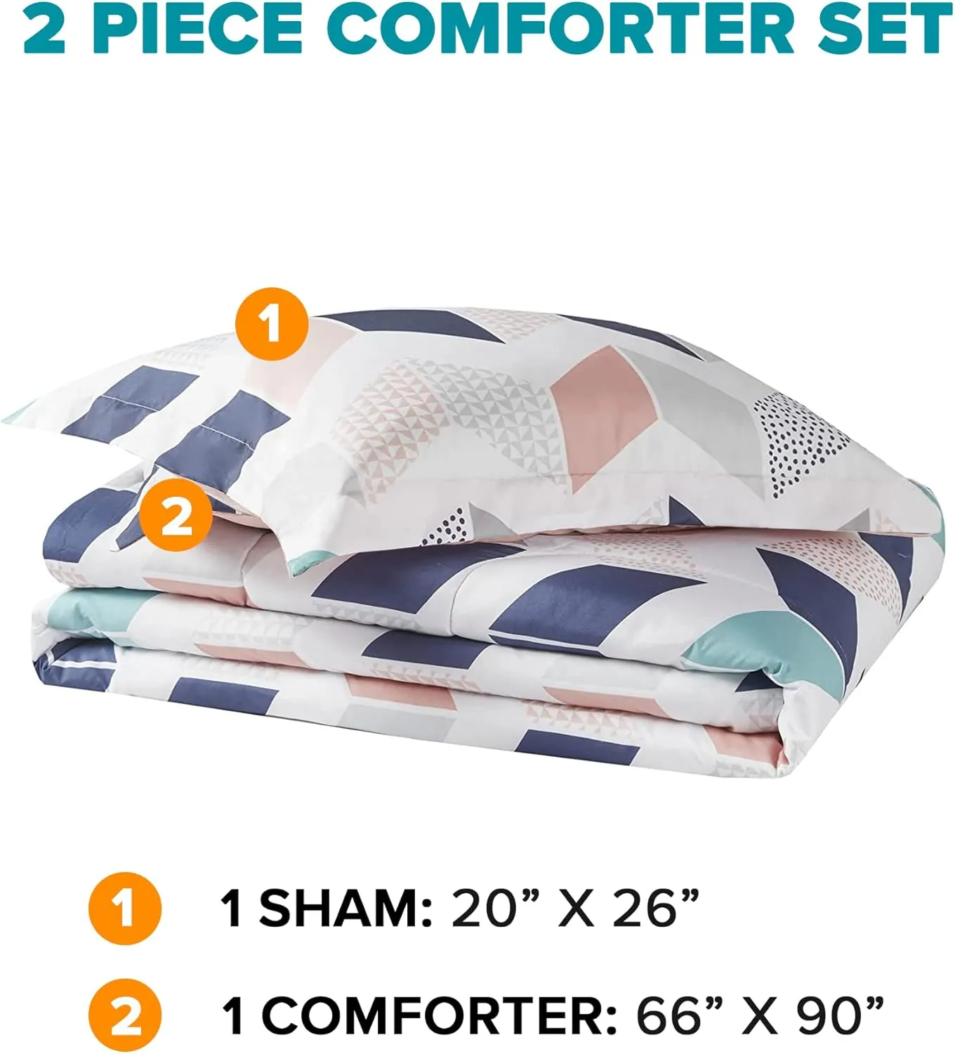 Comfort Spaces Kylar Cozy Comforter Set, Vibrant Chevron Ruching Design with Solid Reverse, All Season Down Alternative Bedding with Matching Sham, Twin/Twin XL (66 in x 90 in), Multi/Blush 2 Piece