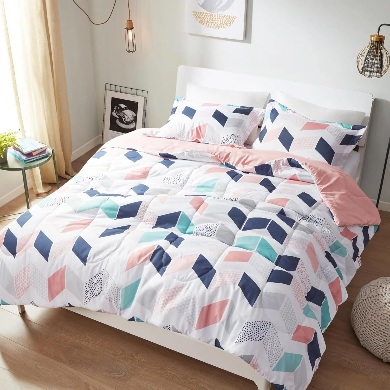 Comfort Spaces Kylar Cozy Comforter Set, Vibrant Chevron Ruching Design with Solid Reverse, All Season Down Alternative Bedding with Matching Sham, Twin/Twin XL (66 in x 90 in), Multi/Blush 2 Piece