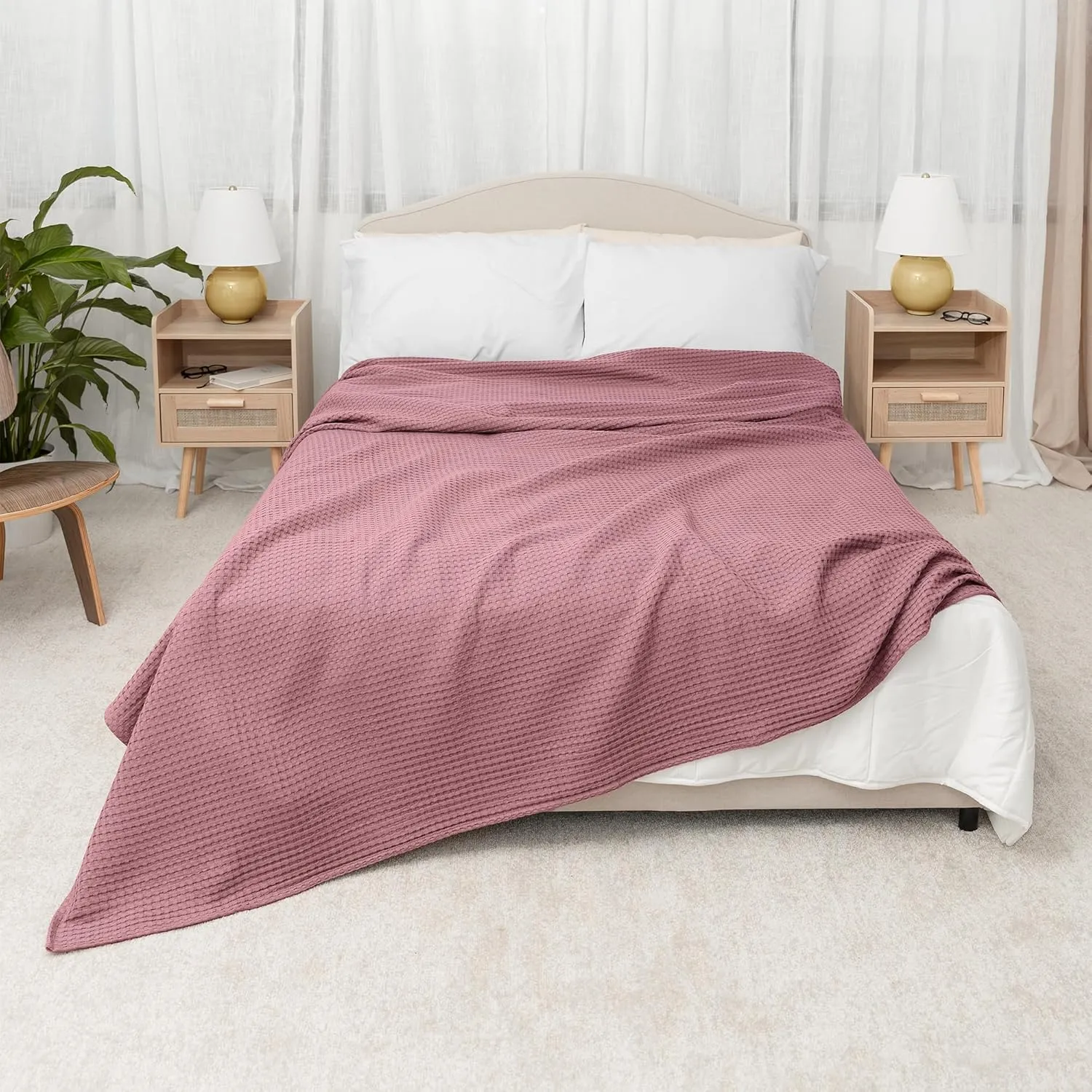 Comfy Cubs 100% Cotton Waffle Weave Throw Blanket Breathable Skin-Friendly Soft Lightweight Blankets - Perfect Warm Textured Blanket Layer - Size for Couch Bed & Sofa (Mauve, 50" X 60")