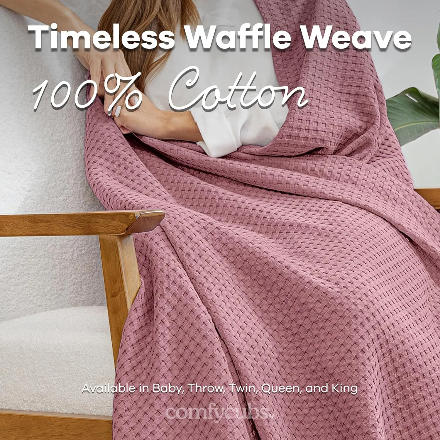 Comfy Cubs 100% Cotton Waffle Weave Throw Blanket Breathable Skin-Friendly Soft Lightweight Blankets - Perfect Warm Textured Blanket Layer - Size for Couch Bed & Sofa (Mauve, 50" X 60")