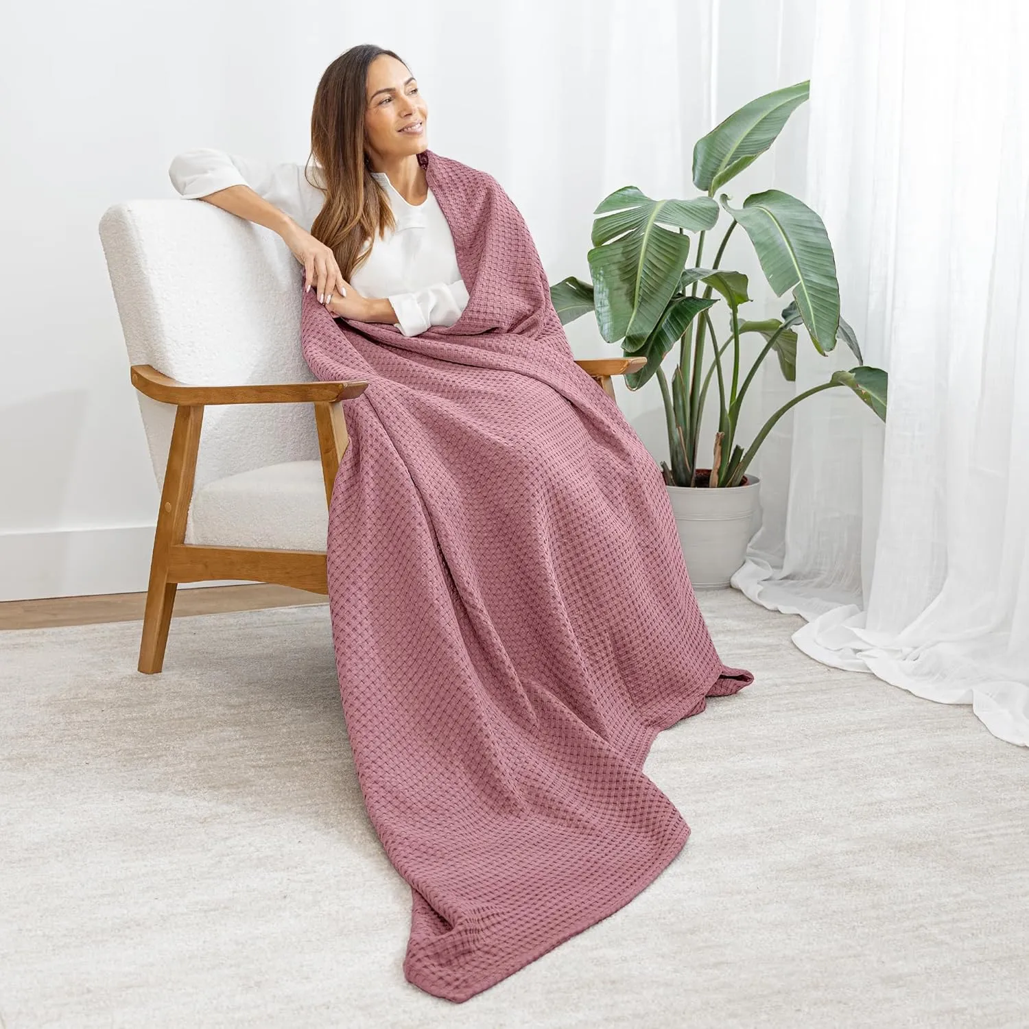 Comfy Cubs 100% Cotton Waffle Weave Throw Blanket Breathable Skin-Friendly Soft Lightweight Blankets - Perfect Warm Textured Blanket Layer - Size for Couch Bed & Sofa (Mauve, 50" X 60")