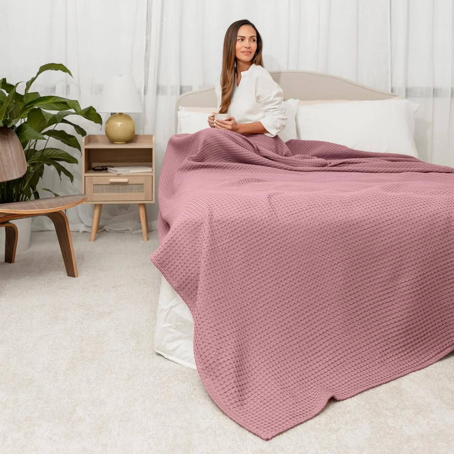 Comfy Cubs 100% Cotton Waffle Weave Throw Blanket Breathable Skin-Friendly Soft Lightweight Blankets - Perfect Warm Textured Blanket Layer - Size for Couch Bed & Sofa (Mauve, 50" X 60")
