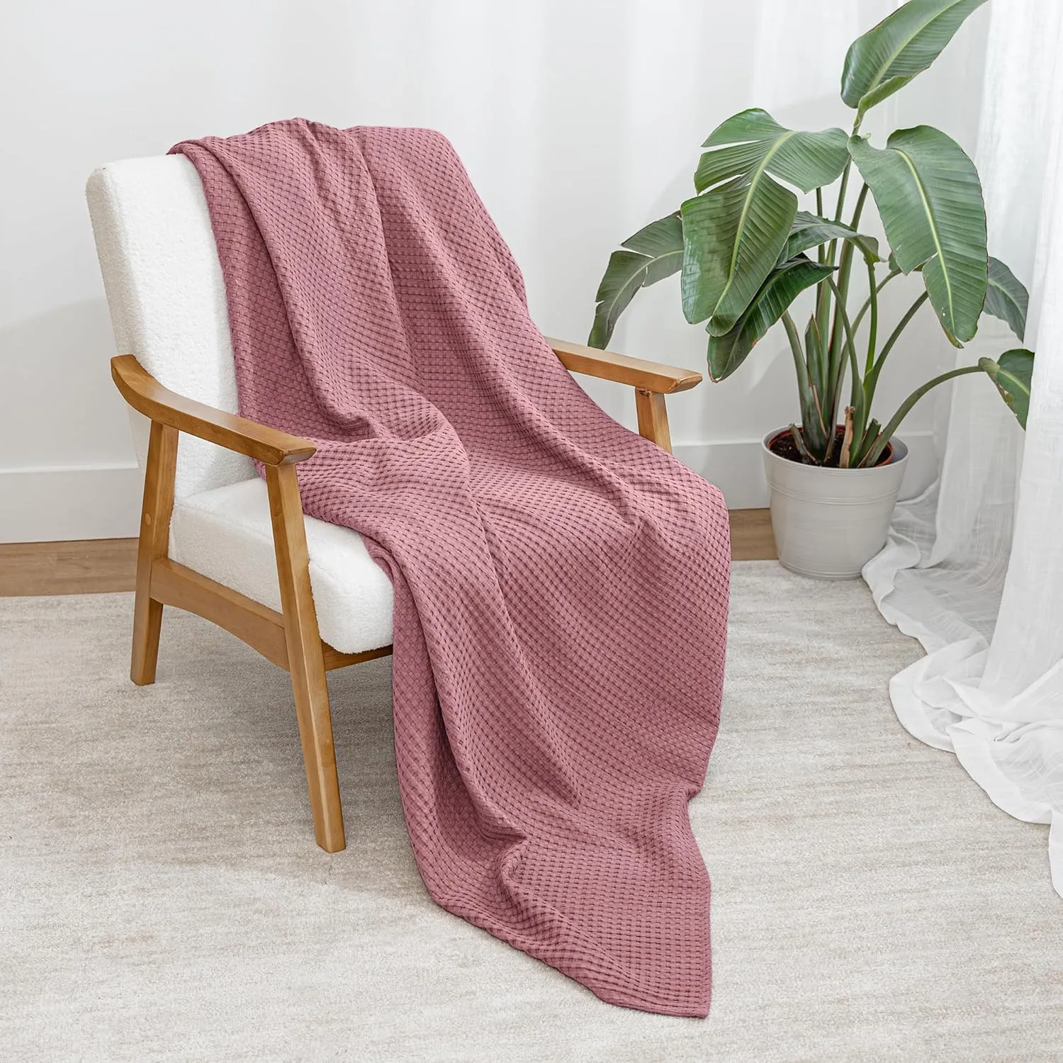 Comfy Cubs 100% Cotton Waffle Weave Throw Blanket Breathable Skin-Friendly Soft Lightweight Blankets - Perfect Warm Textured Blanket Layer - Size for Couch Bed & Sofa (Mauve, 50" X 60")