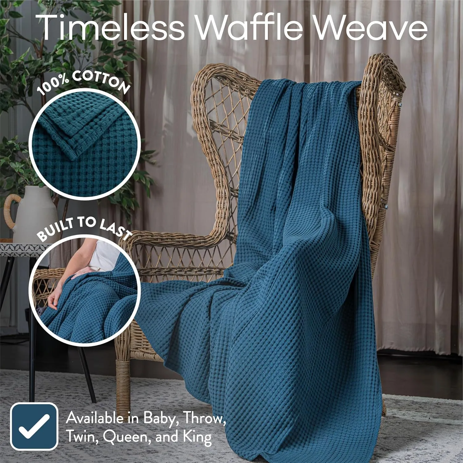 Comfy Cubs Waffle Blanket Queen, 90" x 90" - 100% Cotton Lightweight Breathable Bed Blanket - Soft Textured Thermal Weave for All Seasons – Decorative Cozy Layer for Couch, Sofa, or Bed - Neptune