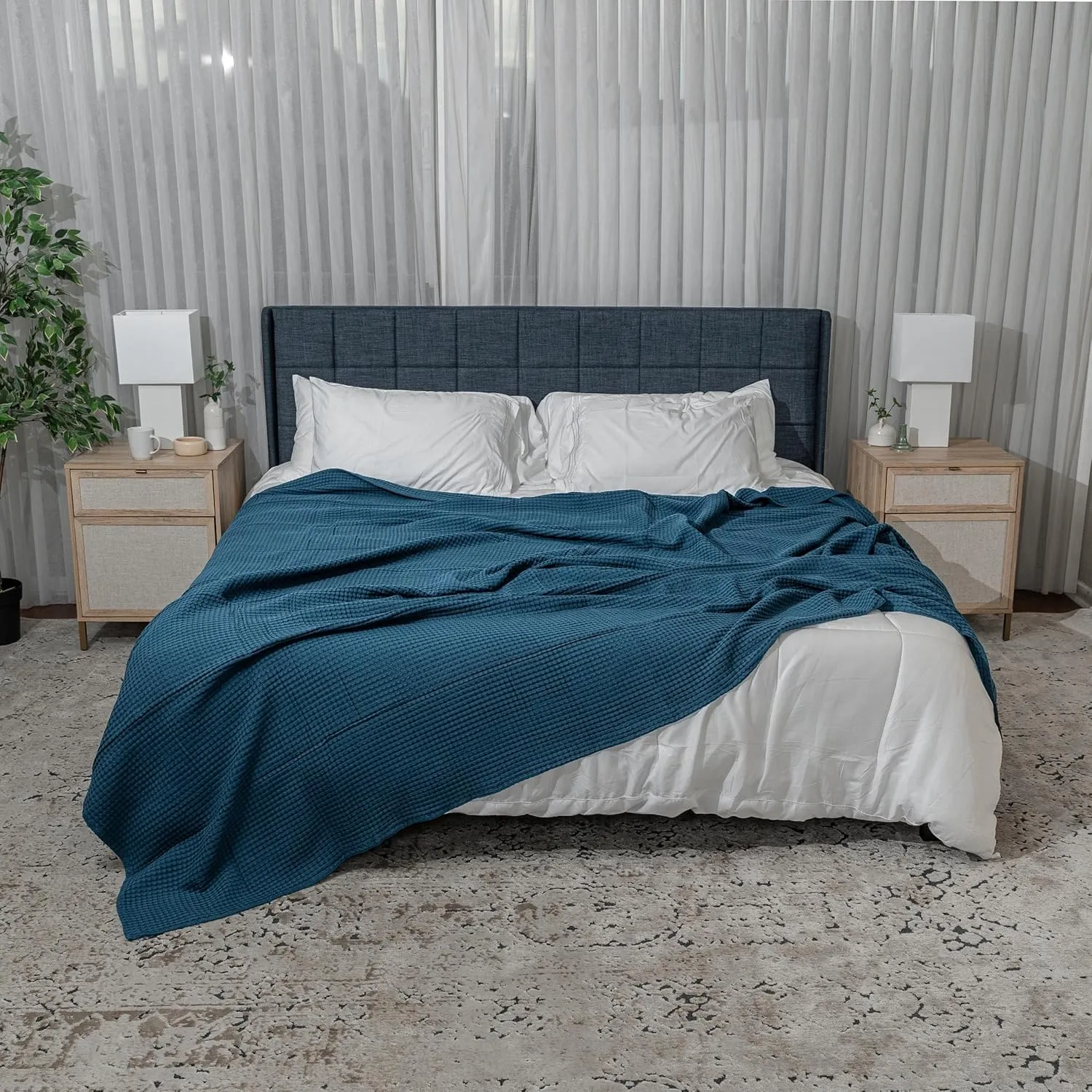 Comfy Cubs Waffle Blanket Queen, 90" x 90" - 100% Cotton Lightweight Breathable Bed Blanket - Soft Textured Thermal Weave for All Seasons – Decorative Cozy Layer for Couch, Sofa, or Bed - Neptune