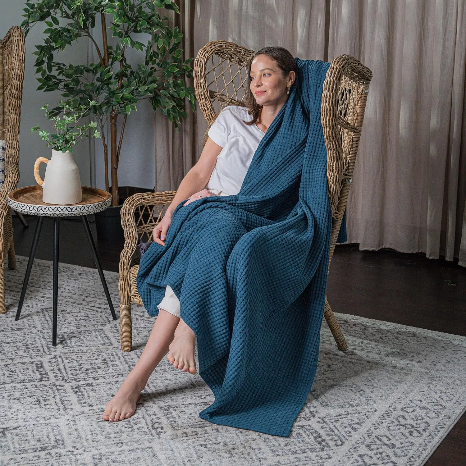 Comfy Cubs Waffle Blanket Queen, 90" x 90" - 100% Cotton Lightweight Breathable Bed Blanket - Soft Textured Thermal Weave for All Seasons – Decorative Cozy Layer for Couch, Sofa, or Bed - Neptune