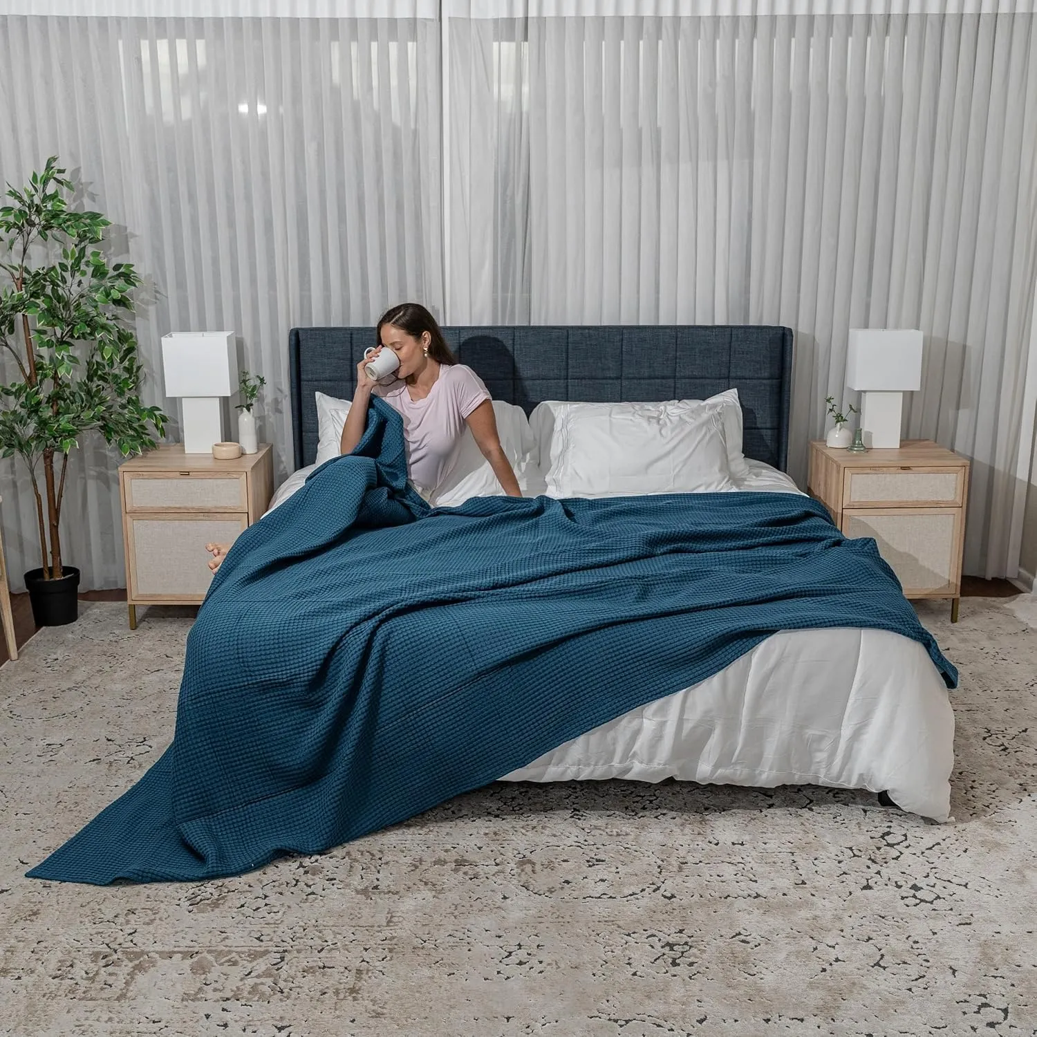Comfy Cubs Waffle Blanket Queen, 90" x 90" - 100% Cotton Lightweight Breathable Bed Blanket - Soft Textured Thermal Weave for All Seasons – Decorative Cozy Layer for Couch, Sofa, or Bed - Neptune