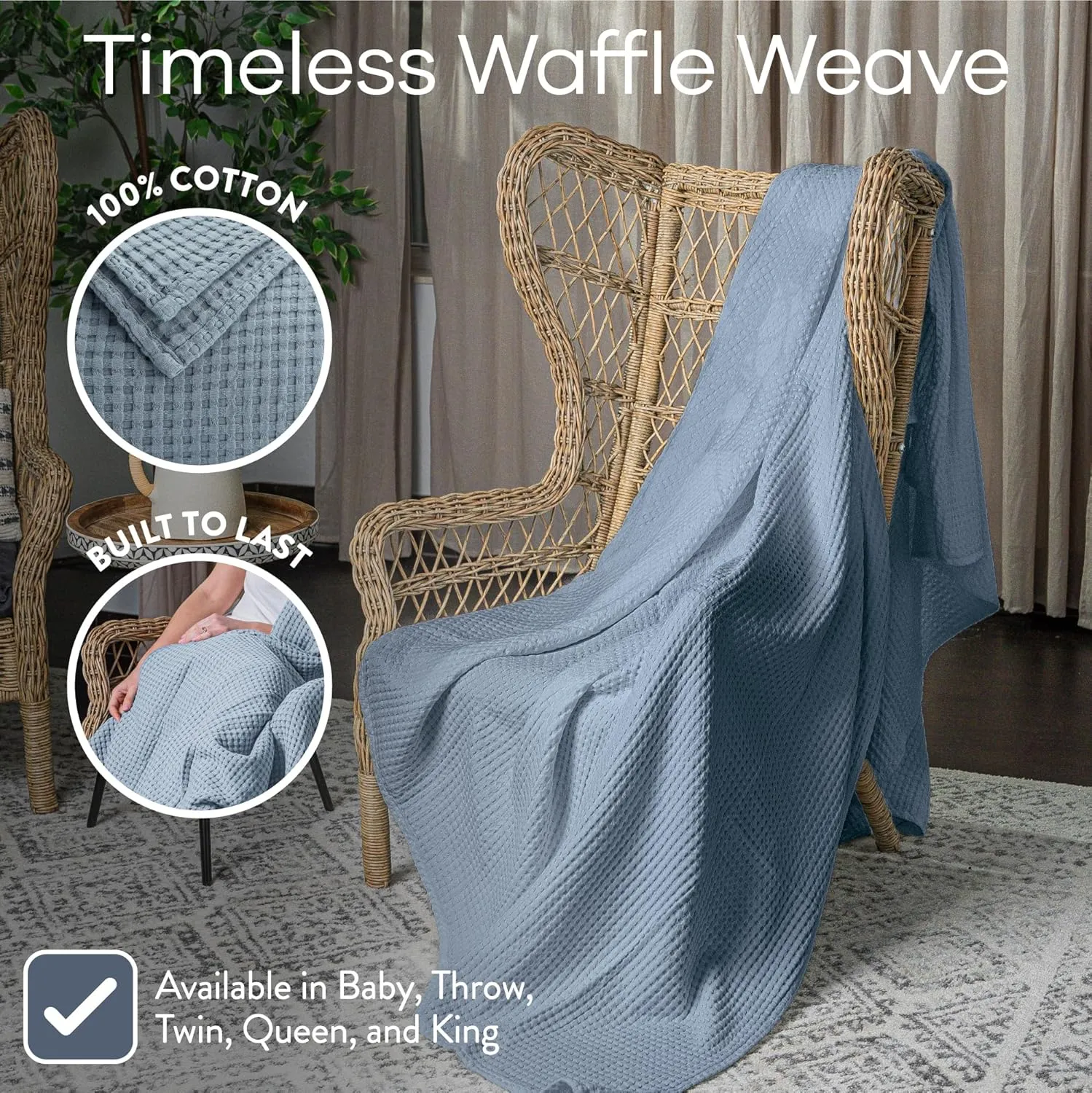Comfy Cubs Waffle Blanket Queen, 90" x 90" - 100% Cotton Lightweight Breathable Bed Blanket - Soft Textured Thermal Weave for All Seasons – Decorative Cozy Layer for Couch, Sofa, or Bed - Pacific Blue