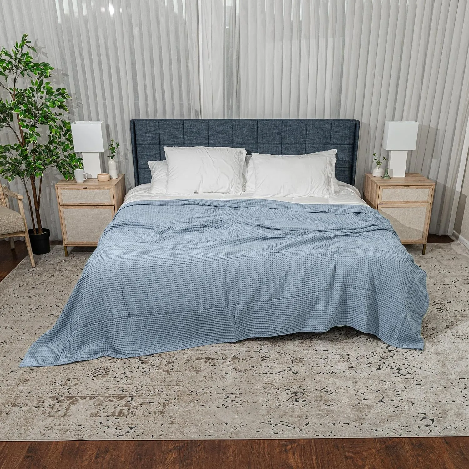 Comfy Cubs Waffle Blanket Queen, 90" x 90" - 100% Cotton Lightweight Breathable Bed Blanket - Soft Textured Thermal Weave for All Seasons – Decorative Cozy Layer for Couch, Sofa, or Bed - Pacific Blue
