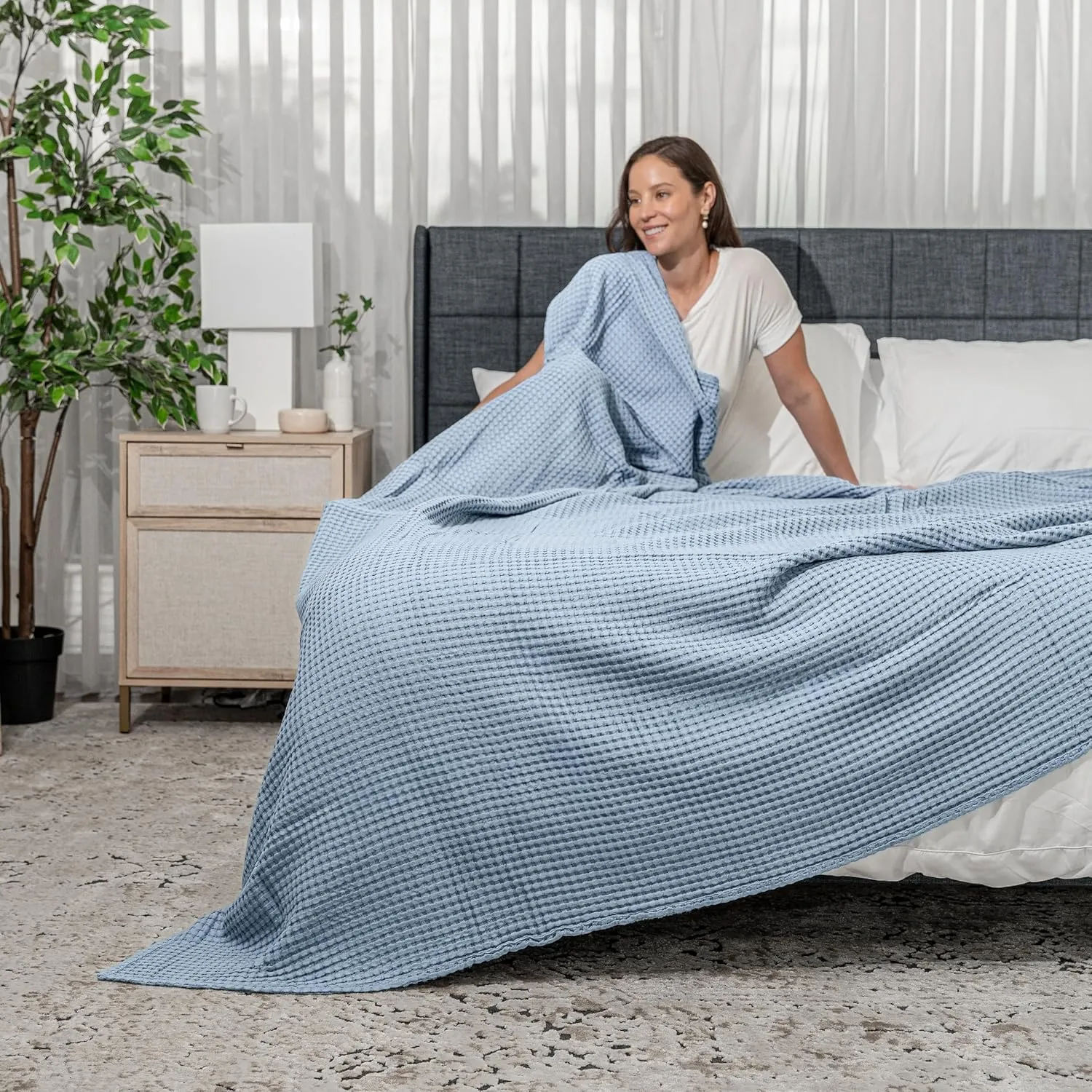 Comfy Cubs Waffle Blanket Queen, 90" x 90" - 100% Cotton Lightweight Breathable Bed Blanket - Soft Textured Thermal Weave for All Seasons – Decorative Cozy Layer for Couch, Sofa, or Bed - Pacific Blue