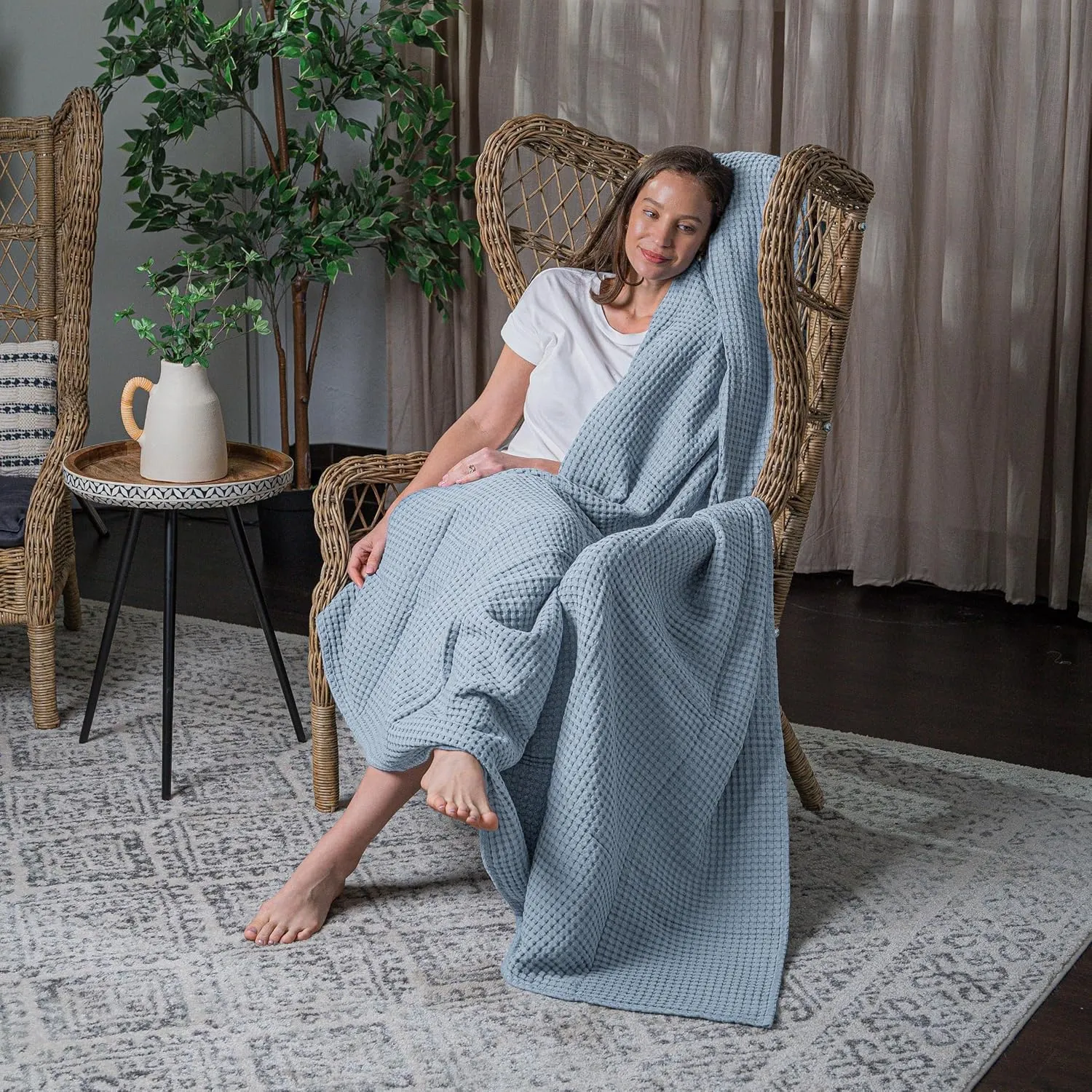 Comfy Cubs Waffle Blanket Queen, 90" x 90" - 100% Cotton Lightweight Breathable Bed Blanket - Soft Textured Thermal Weave for All Seasons – Decorative Cozy Layer for Couch, Sofa, or Bed - Pacific Blue