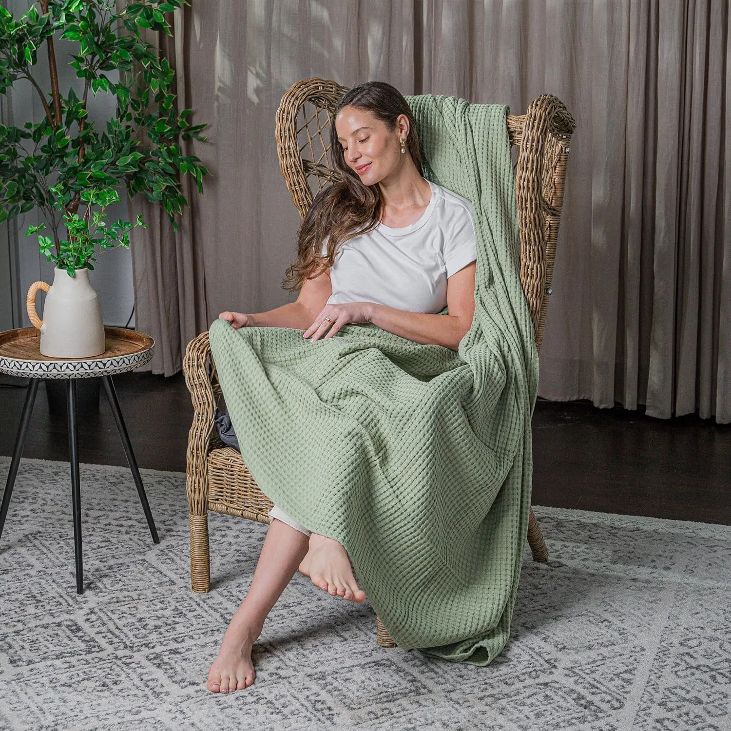 Comfy Cubs Waffle Blanket Queen, 90" x 90" - 100% Cotton Lightweight Breathable Bed Blanket - Soft Textured Thermal Weave for All Seasons – Decorative Cozy Layer for Couch, Sofa, or Bed - Sage