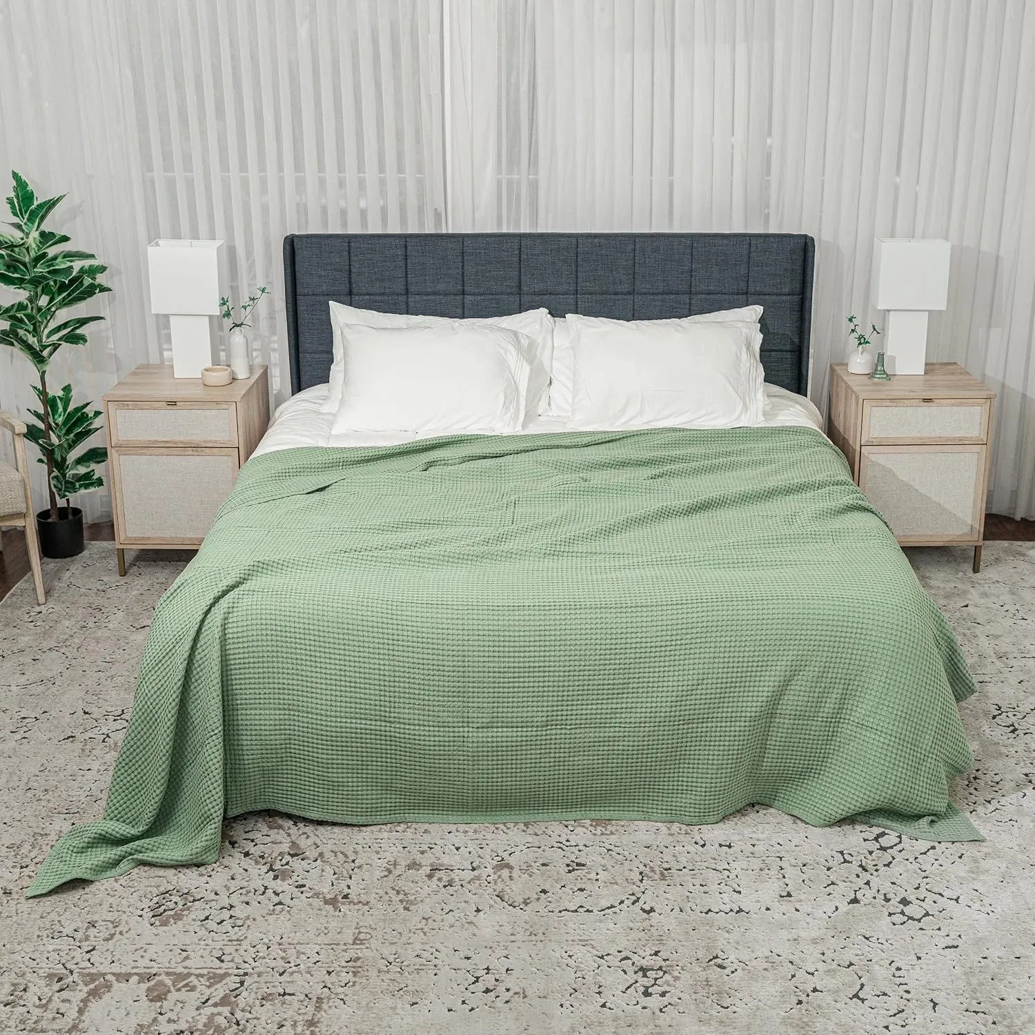 Comfy Cubs Waffle Blanket Queen, 90" x 90" - 100% Cotton Lightweight Breathable Bed Blanket - Soft Textured Thermal Weave for All Seasons – Decorative Cozy Layer for Couch, Sofa, or Bed - Sage