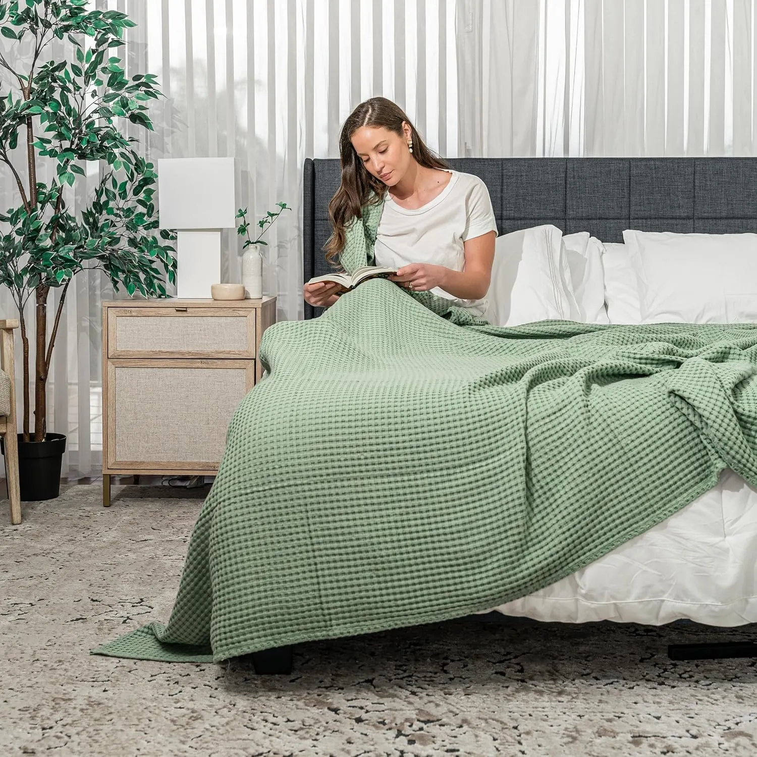 Comfy Cubs Waffle Blanket Queen, 90" x 90" - 100% Cotton Lightweight Breathable Bed Blanket - Soft Textured Thermal Weave for All Seasons – Decorative Cozy Layer for Couch, Sofa, or Bed - Sage