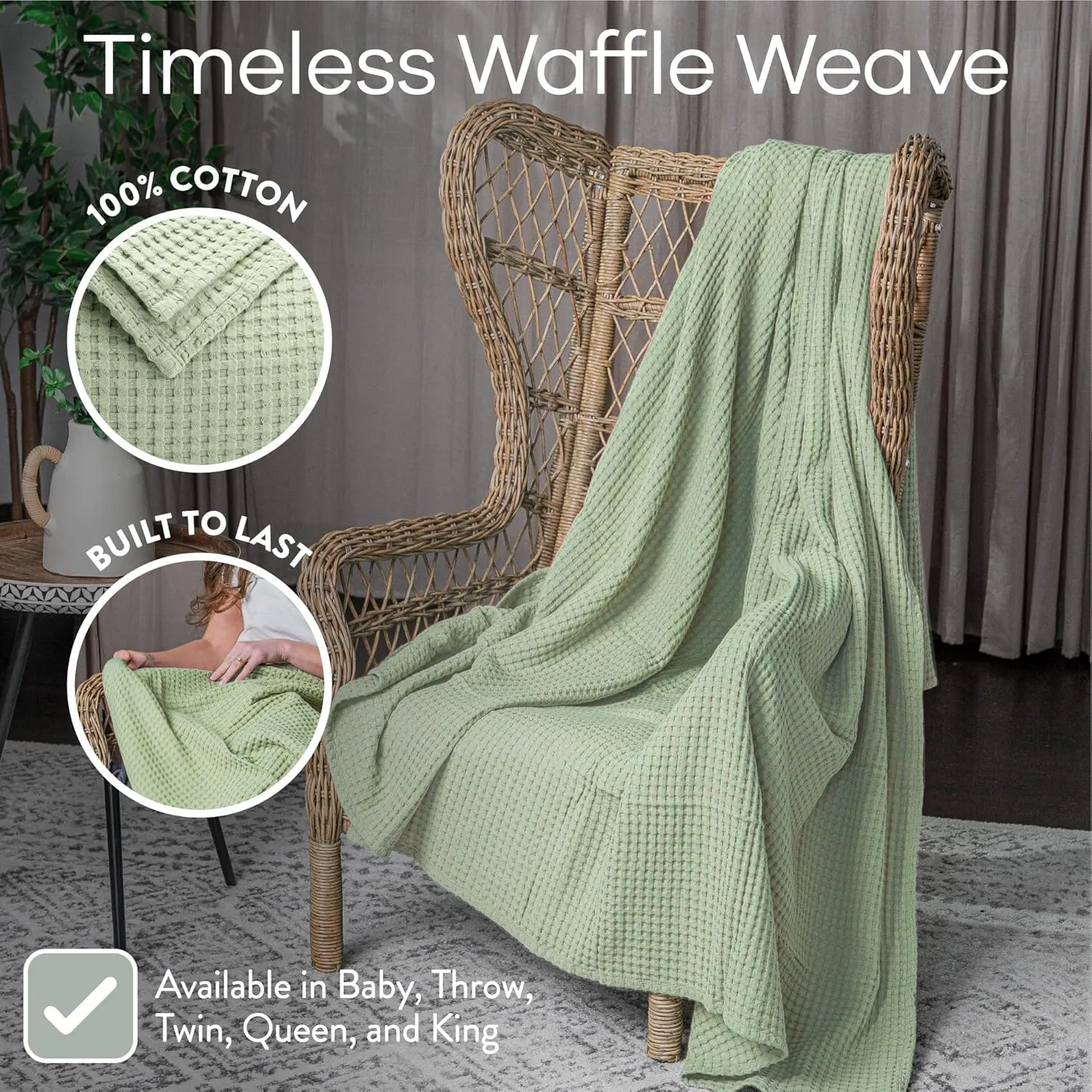 Comfy Cubs Waffle Blanket Queen, 90" x 90" - 100% Cotton Lightweight Breathable Bed Blanket - Soft Textured Thermal Weave for All Seasons – Decorative Cozy Layer for Couch, Sofa, or Bed - Sage