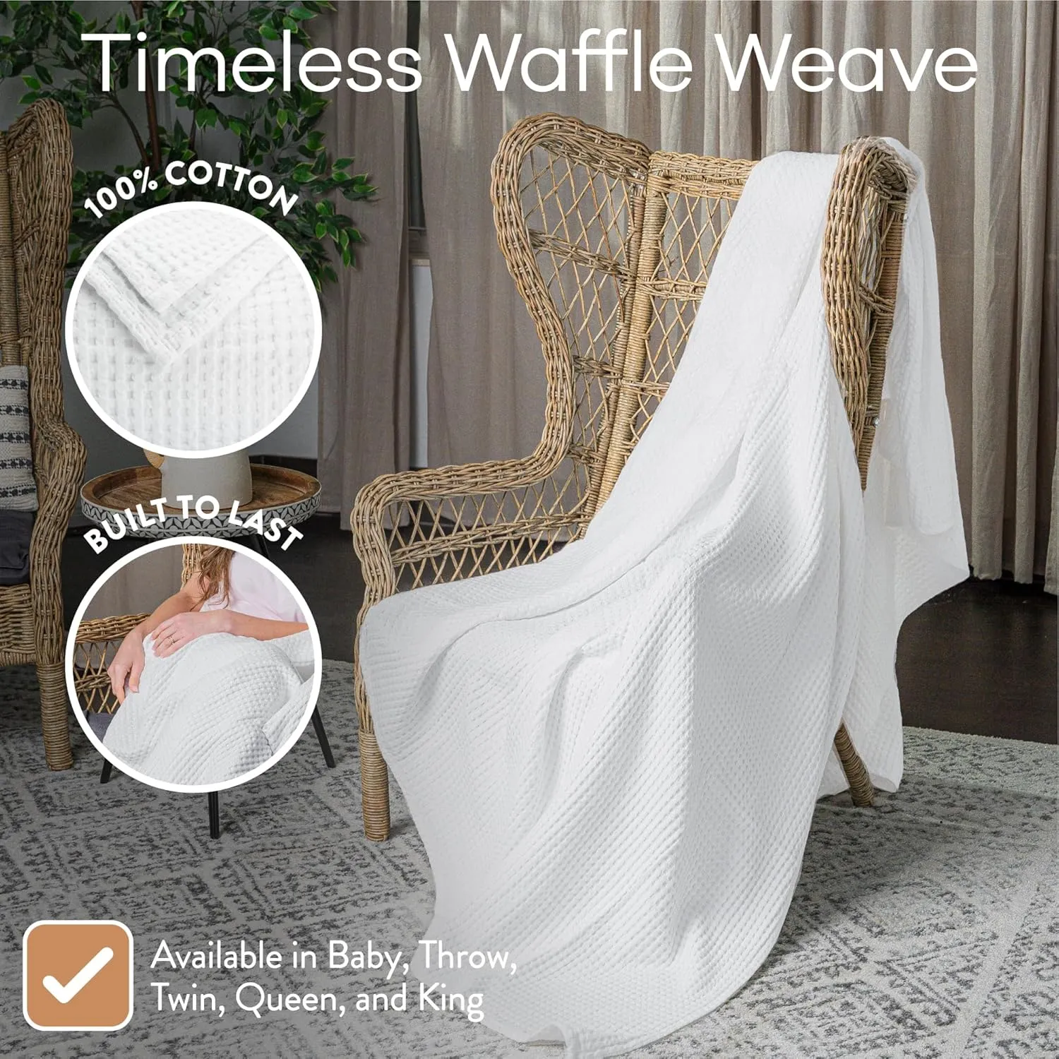 Comfy Cubs Waffle Blanket Queen, 90" x 90" - 100% Cotton Lightweight Breathable Bed Blanket - Soft Textured Thermal Weave for All Seasons – Decorative Cozy Layer for Couch, Sofa, or Bed - White