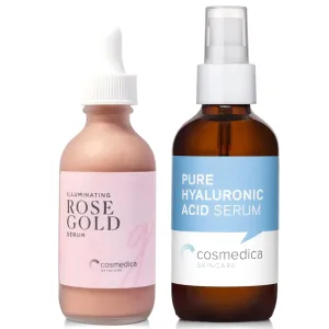 Cosmedica Skincare Illuminating Rose Gold Facial Serum Elixir 2 oz. & Hyaluronic Acid Serum 4 oz. Bundle – Hydrating, Nourishing, and Enhancing Skincare for a Dewy, Radiant and Complexion