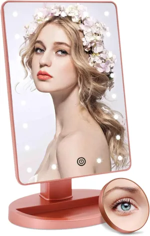 COSMIRROR Lighted Makeup Vanity Mirror with 10X Magnifying Mirror, 21 LED Lighted Mirror with Touch Sensor Dimming, 180°Adjustable Rotation, Dual Power Supply, Portable Cosmetic Mirror (Rose Gold)…