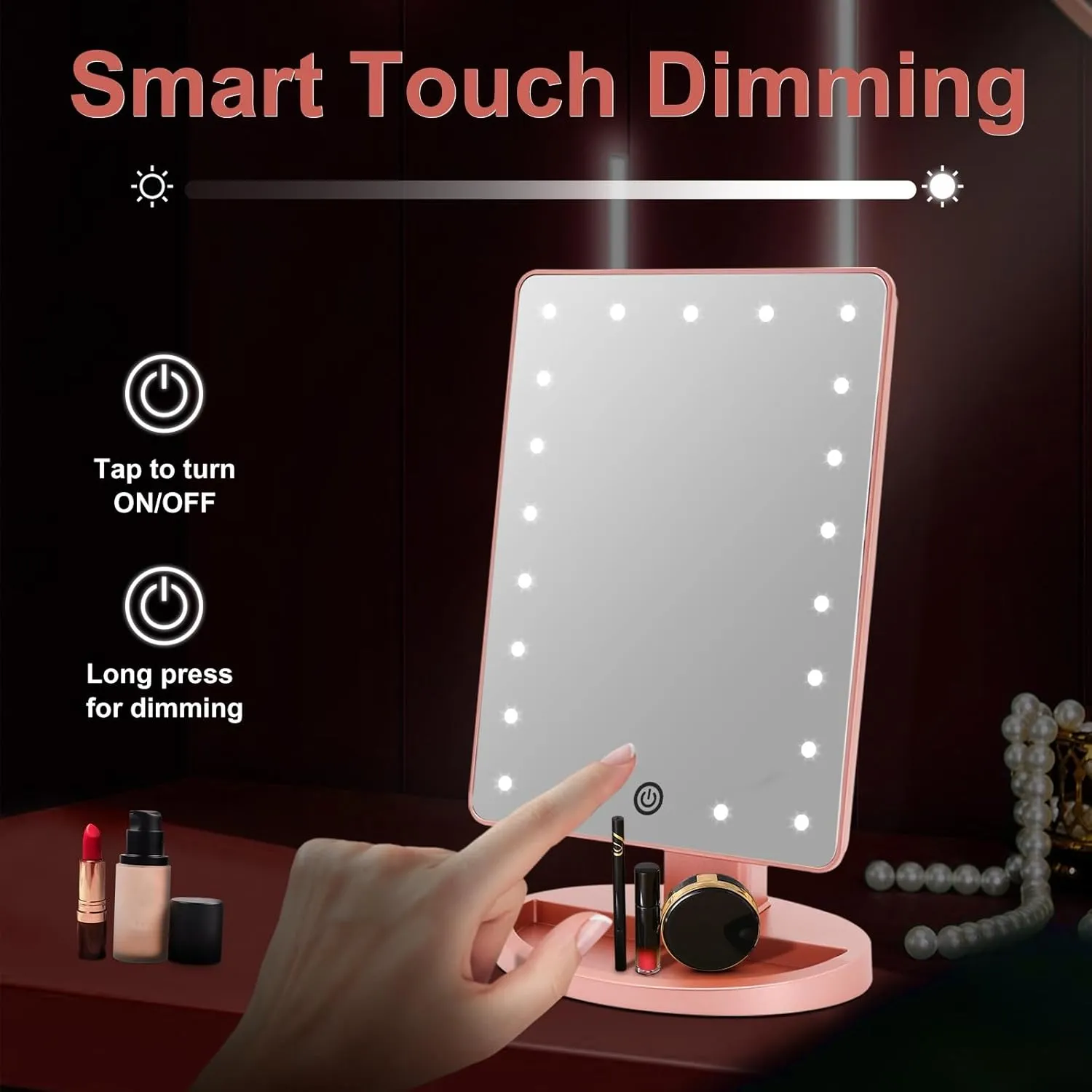 COSMIRROR Lighted Makeup Vanity Mirror with 10X Magnifying Mirror, 21 LED Lighted Mirror with Touch Sensor Dimming, 180°Adjustable Rotation, Dual Power Supply, Portable Cosmetic Mirror (Rose Gold)…