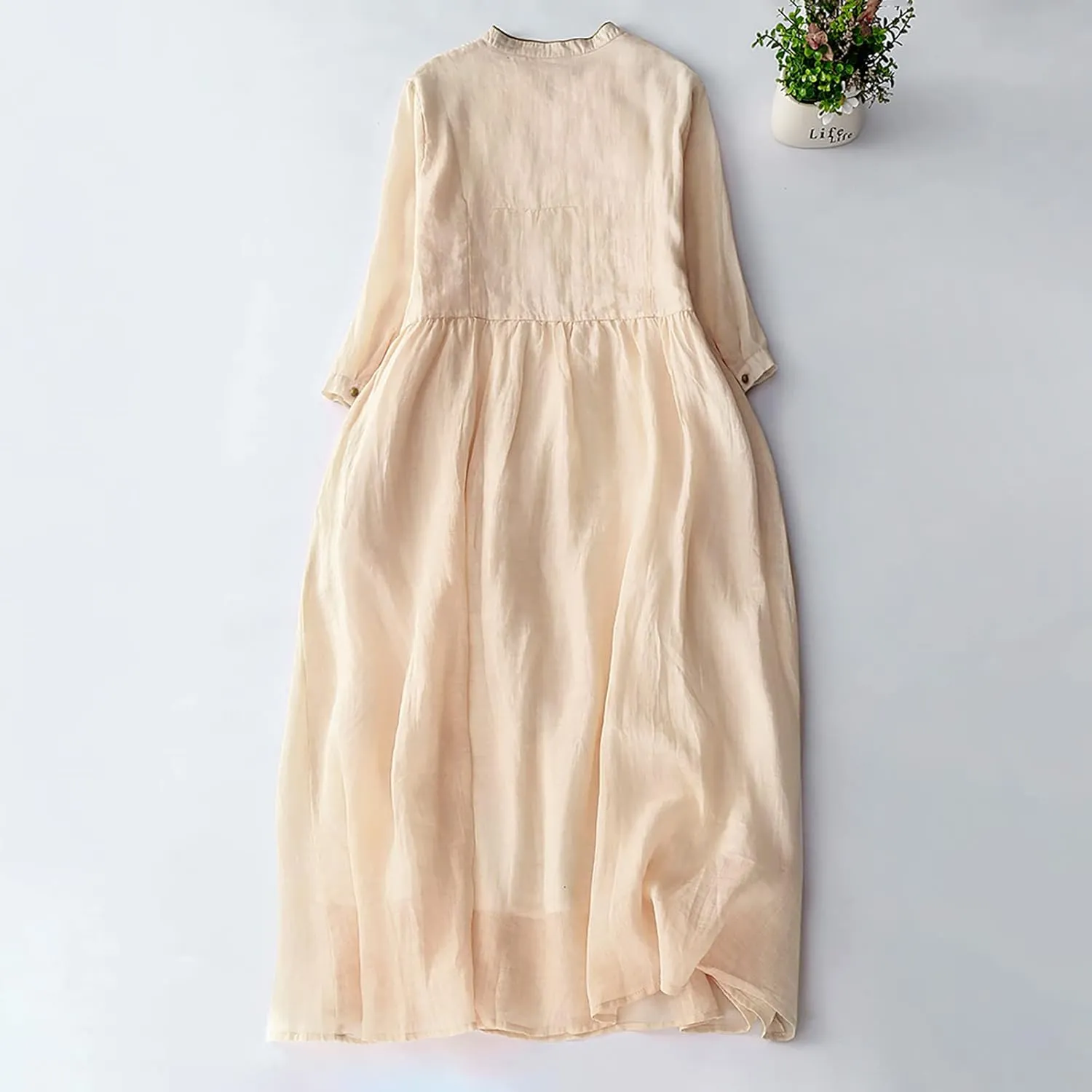 Cotton Linen Cheongsam Qipao Loose Chinese Style Dress for Women Vintage Floral Embroidery 3/4 Sleeve Swing Midi Dress