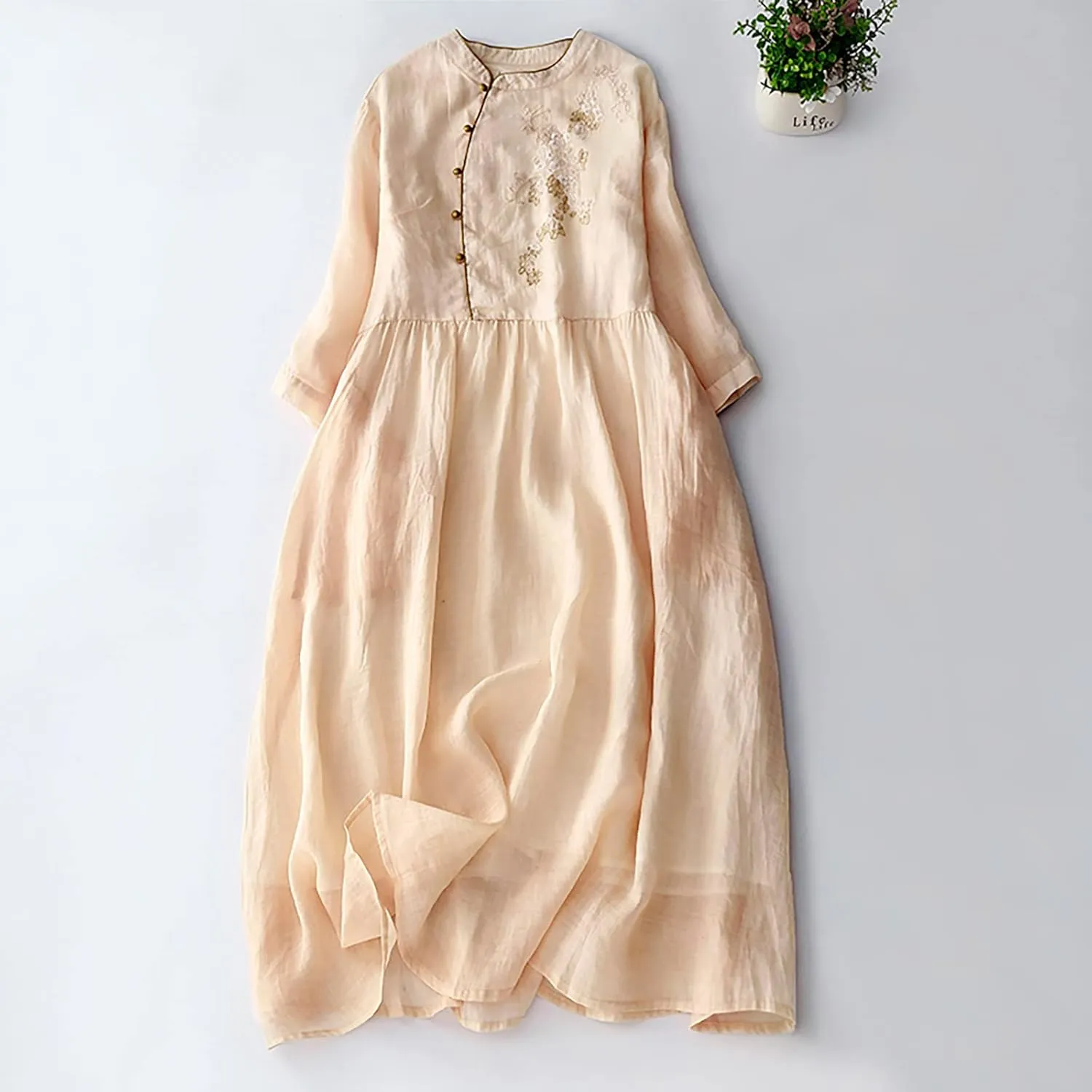Cotton Linen Cheongsam Qipao Loose Chinese Style Dress for Women Vintage Floral Embroidery 3/4 Sleeve Swing Midi Dress