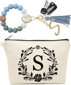 Cute Small Makeup Bag Personalized, Silicone Beaded Wristlet Bracelet Keychain Initial, Flower Canvas Beige Makeup Pouch Cosmetic Bag, Gift for Women, Teacher, Bridesmaids (Letter S)